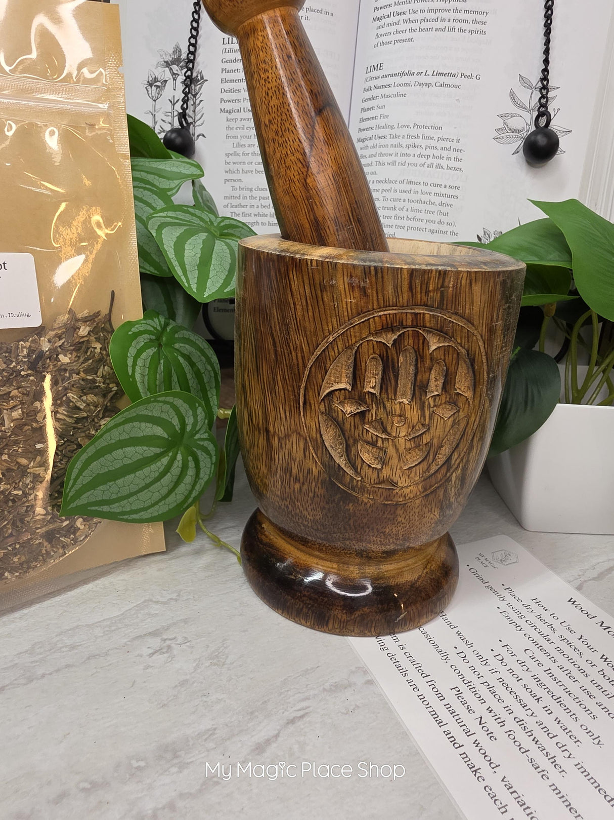 Hamsa Wood Mortar & Pestle Kit Dried Herb | Herbal Set | Witchcraft Altar | Herbs | Ritual Supplies