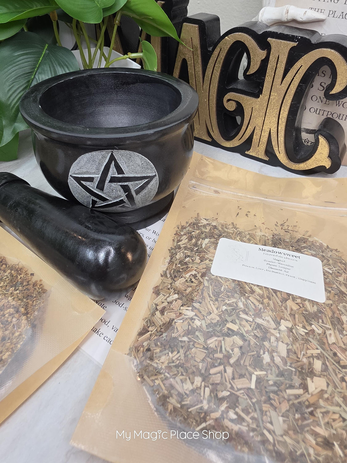 Pentacle Soapstone Mortar and Pestle Kit | Herb of Choice Included | Witchcraft | Herbal Altar Tool