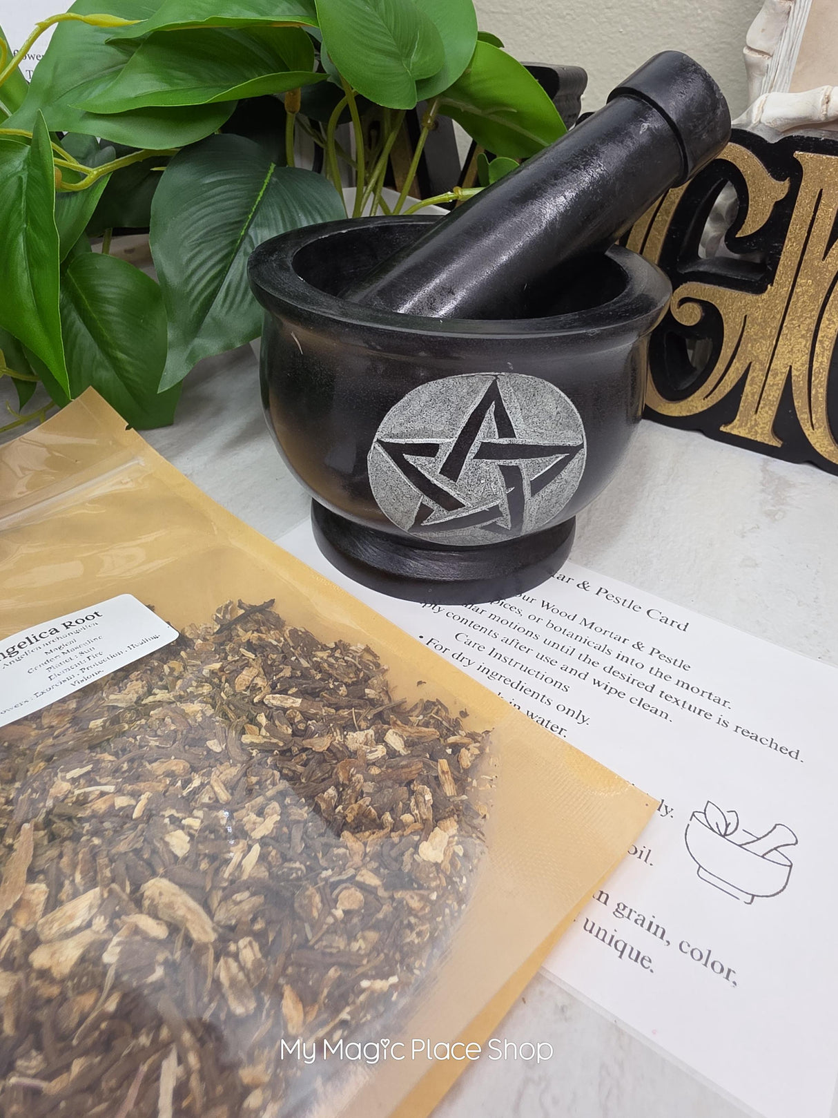 Pentacle Soapstone Mortar and Pestle Kit | Herb of Choice Included | Witchcraft | Herbal Altar Tool