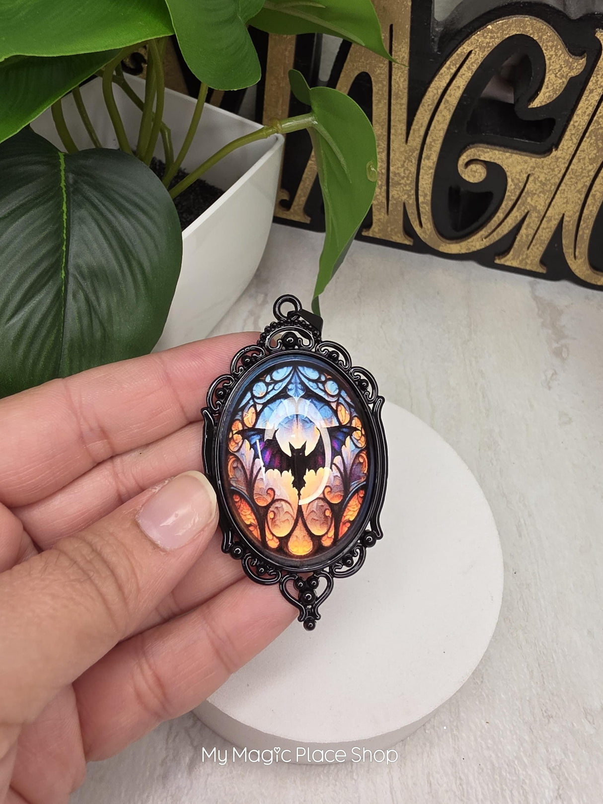 Oval Gothic Bat Pendant, Glass Cabochon Pendant, DIY Jewelry Charm, Gothic Craft Supply, Necklace Making Pendant, Quantity 1
