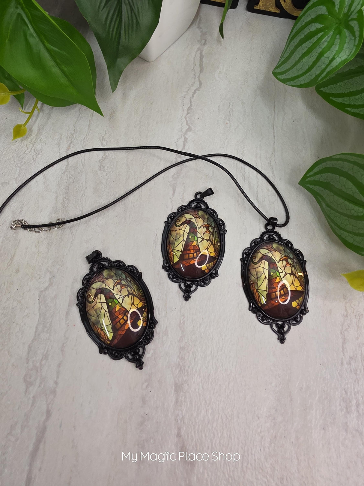 Oval Gothic Witch Hat Pendant, Glass Cabochon Pendant, DIY Jewelry Charm, Witchy Craft Supply, Necklace Making Pendant, Quantity 1