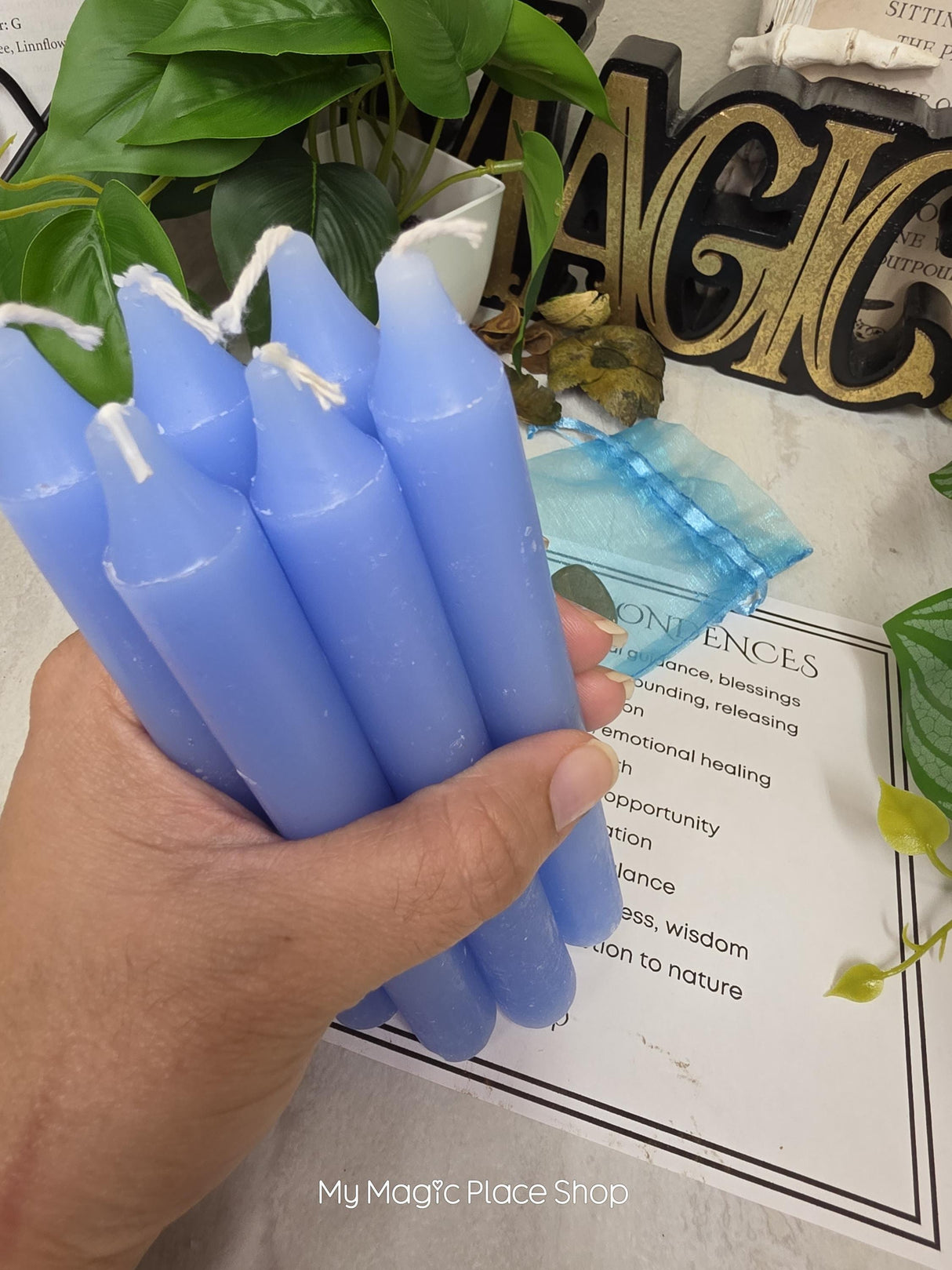 Light Blue 6 Inch Taper Candle Kit, Candles with Crystal & Color Correspondence Guide, Ritual Candle Set, Spiritual Gift