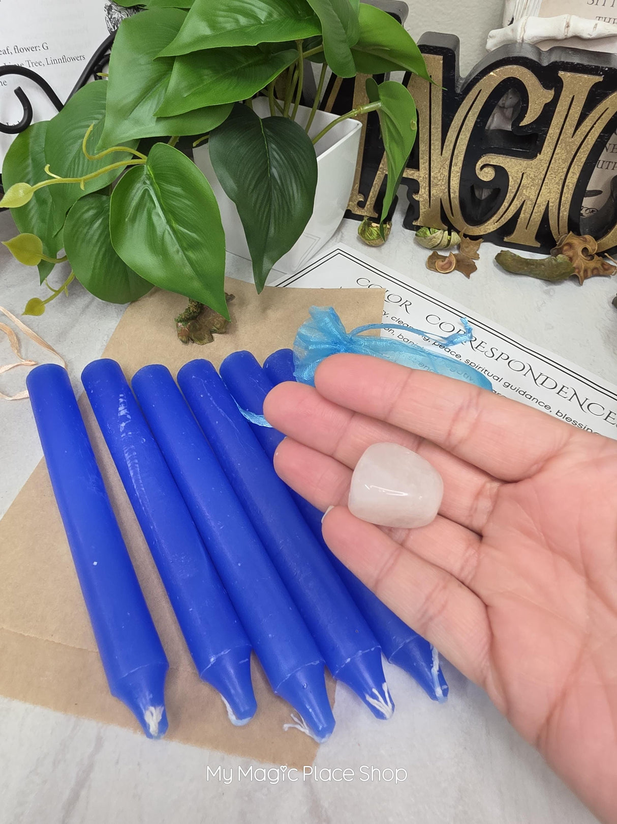 Blue 6 Inch Taper Candle Kit, Candles with Crystal & Color Correspondence Guide, Ritual Candle Set, Spiritual Gift