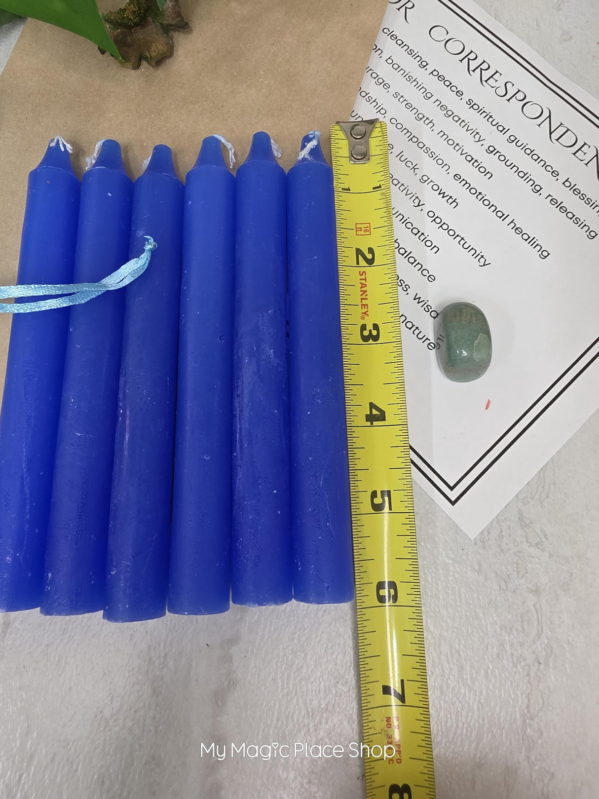 Blue 6 Inch Taper Candle Kit, Candles with Crystal & Color Correspondence Guide, Ritual Candle Set, Spiritual Gift