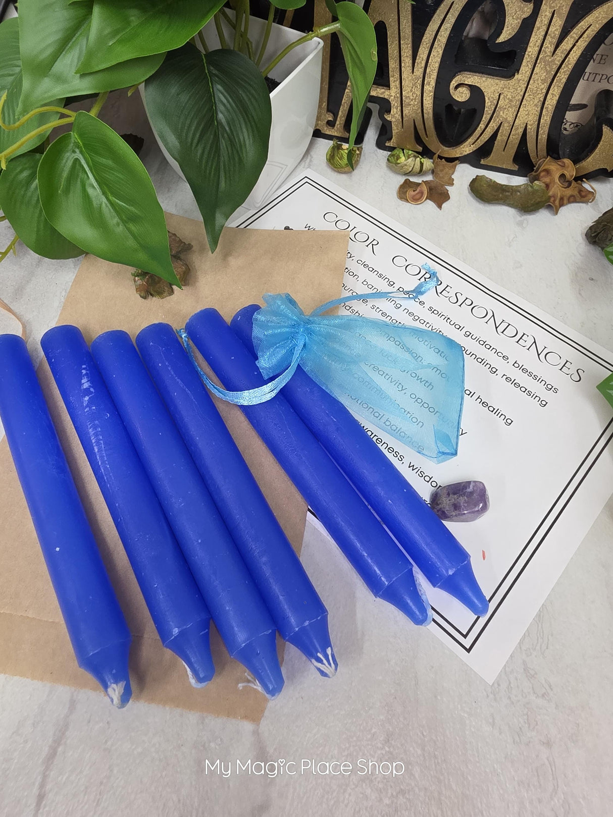 Blue 6 Inch Taper Candle Kit, Candles with Crystal & Color Correspondence Guide, Ritual Candle Set, Spiritual Gift