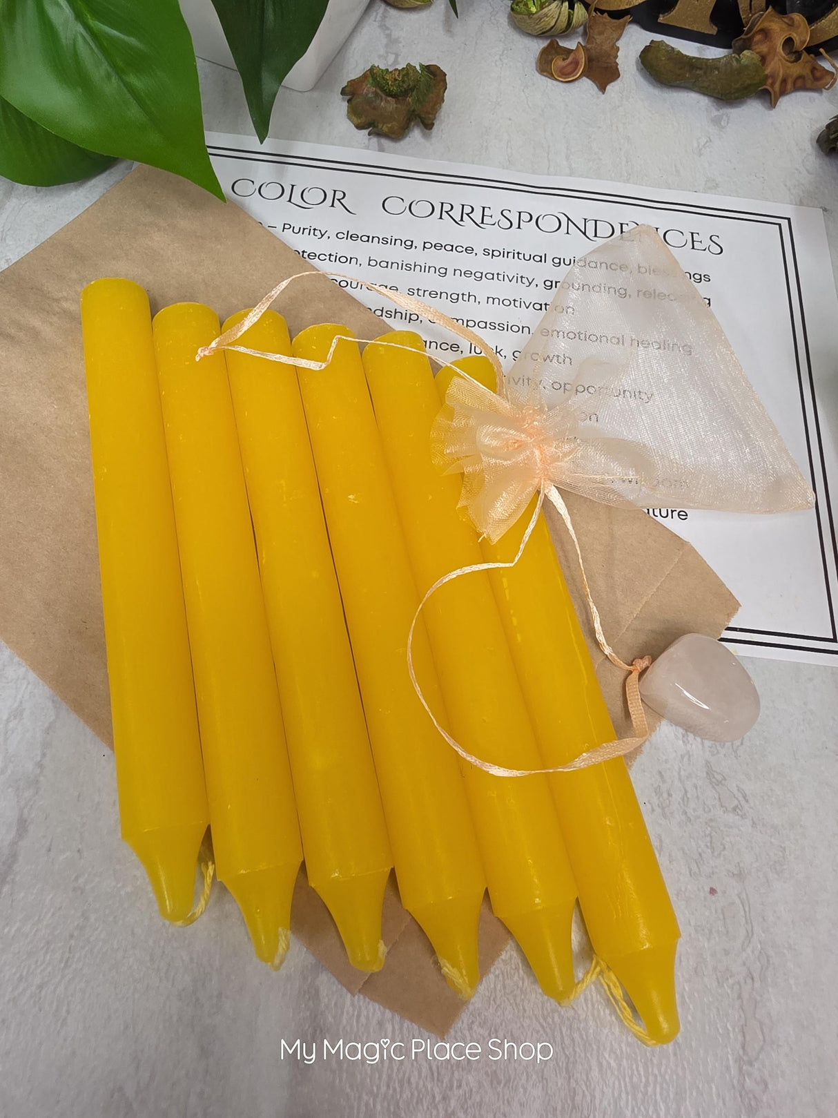 Yellow 6 Inch Taper Candle Kit, Candles with Crystal & Color Correspondence Guide, Ritual Candle Set, Spiritual Gift