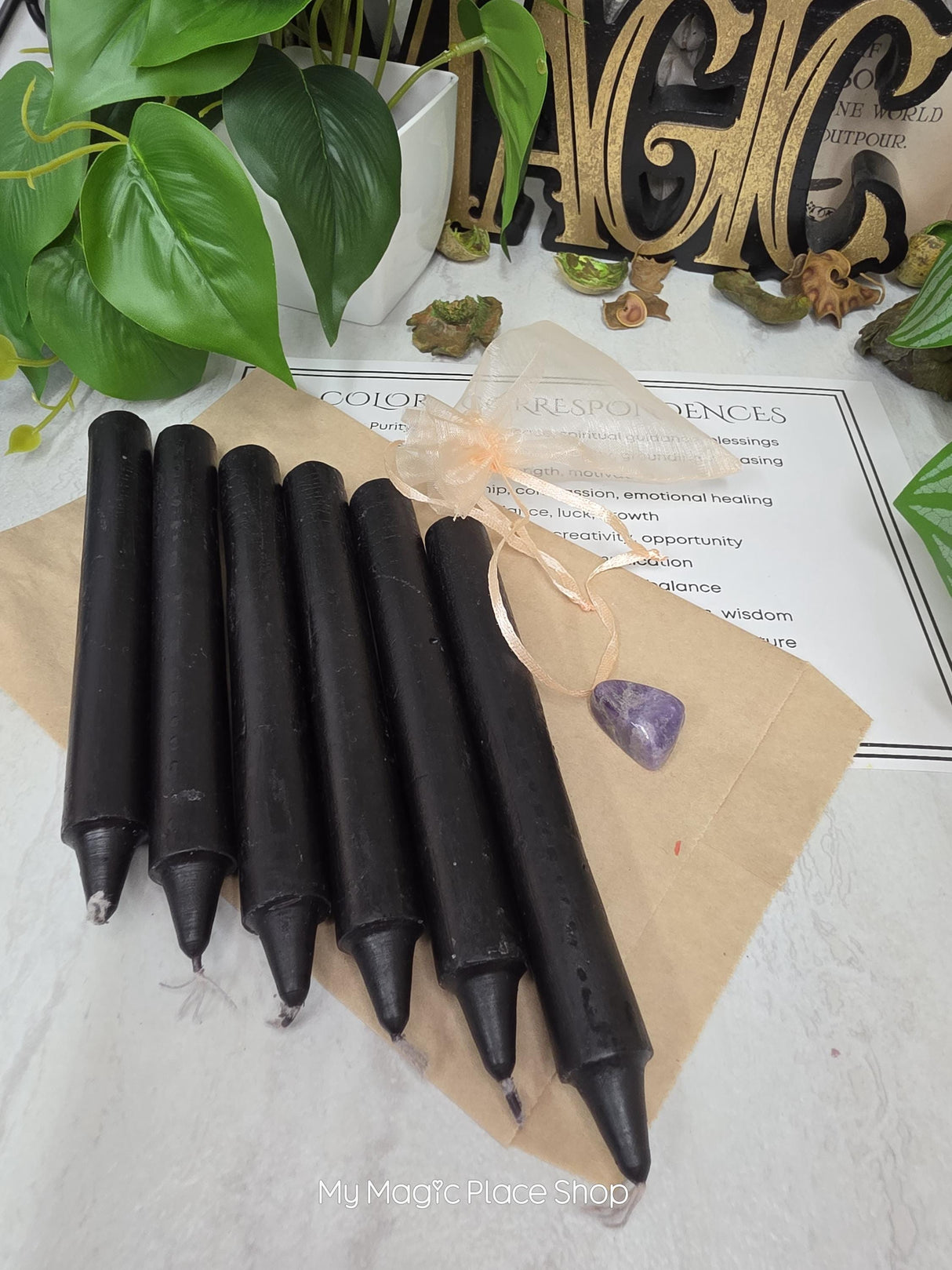 Silver 6 Inch Taper Candle Kit, Candles with Crystal & Color Correspondence Guide, Ritual Candle Set, Spiritual Gift
