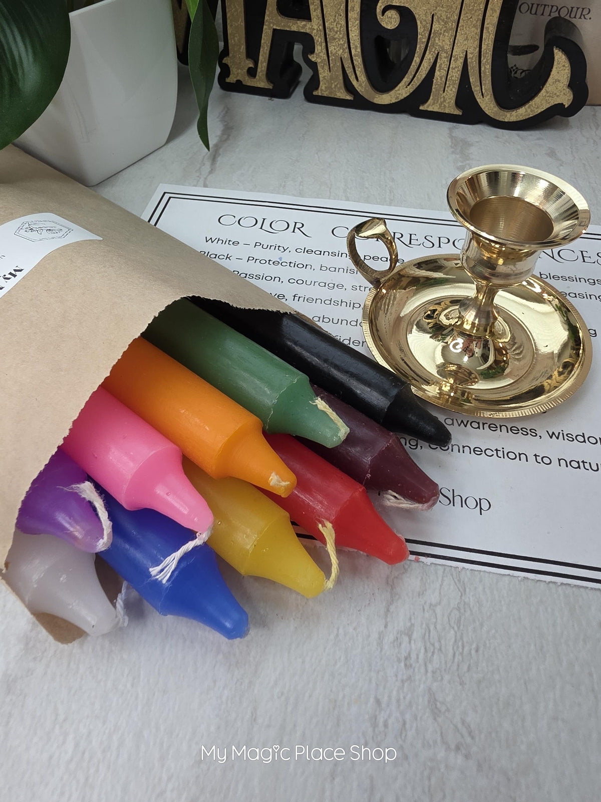 Colored Taper Candles Set with Candle Holder, Color Guide Card, Altar Decor, Meditation Gift