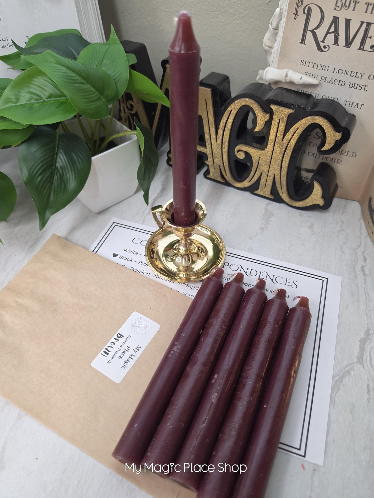 Brown Colored Taper Candles Set with Candle Holder, Color Guide, Altar Decor, Meditation Gift