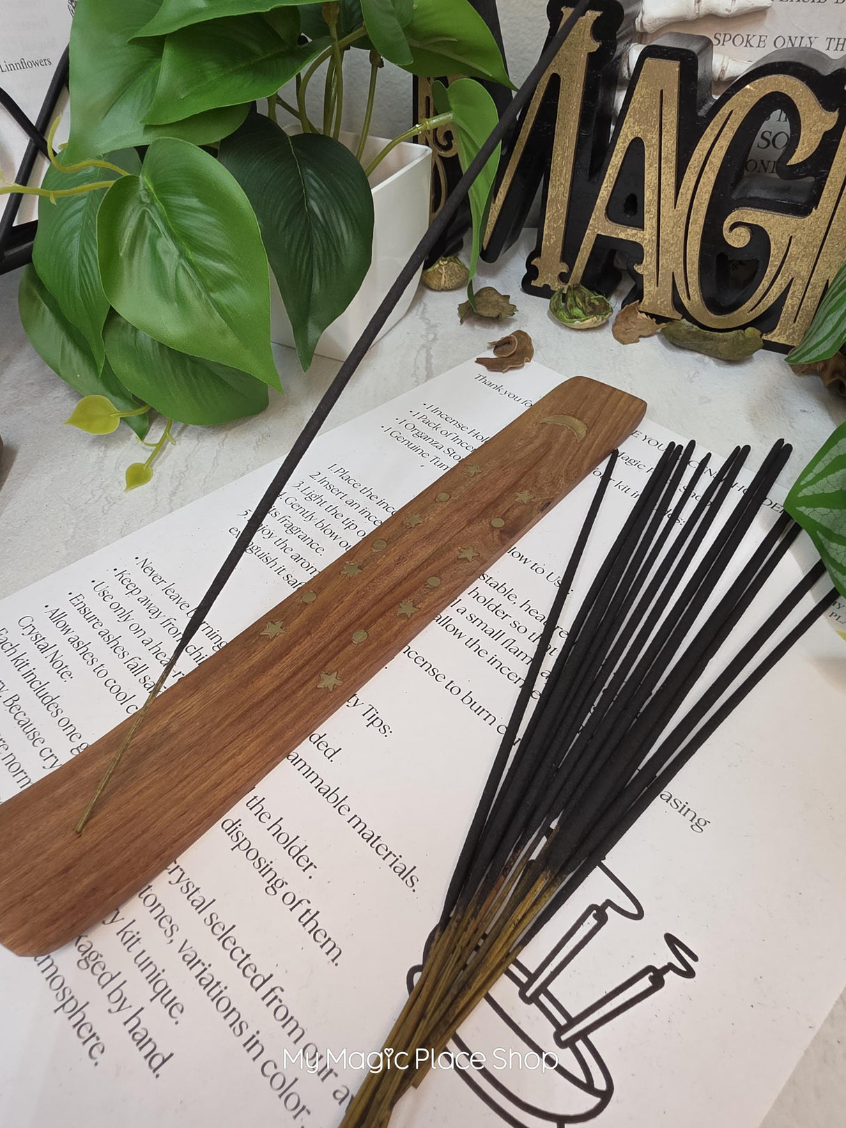 Celestial Moon Wooden Incense Holder Kit, Choose White Moon or Gold Moon Design, Includes 20 Incense Sticks & Guide, Long Ash Catcher Burner