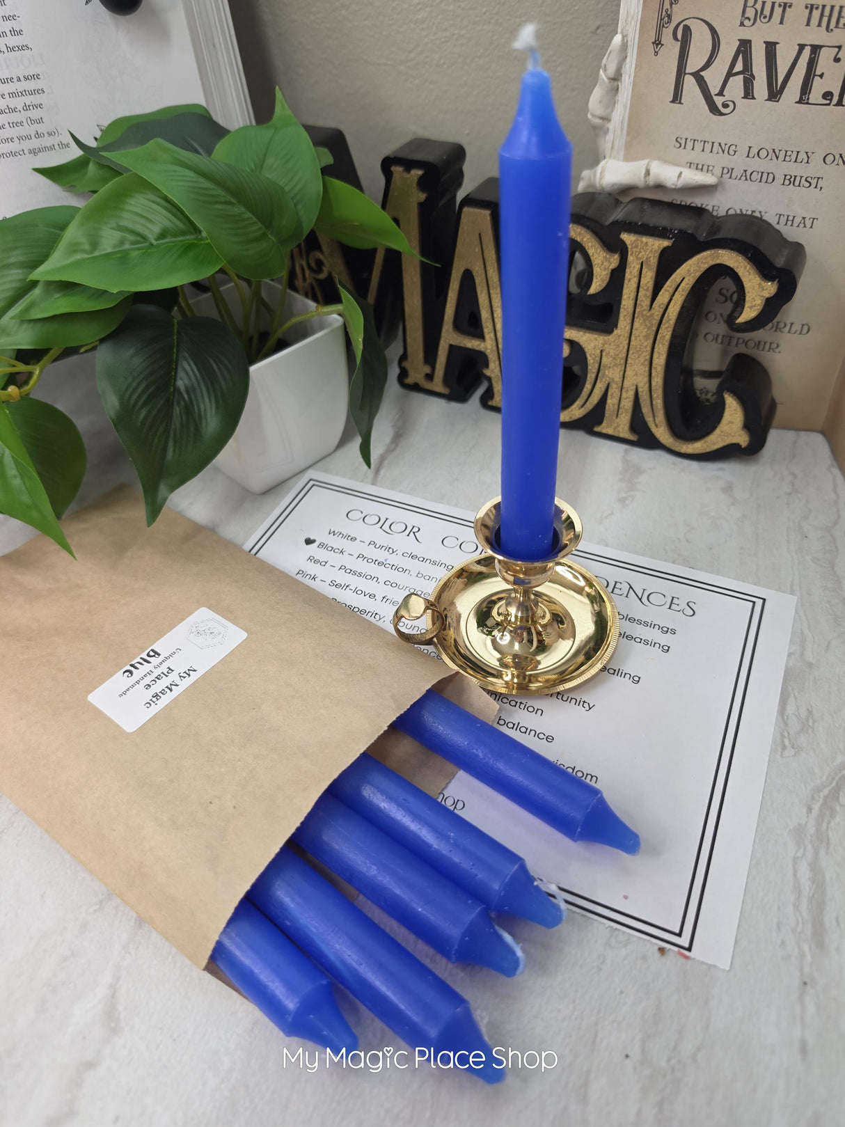 Blue Colored Taper Candles Set with Candle Holder, Color Guide, Altar Decor, Meditation Gift