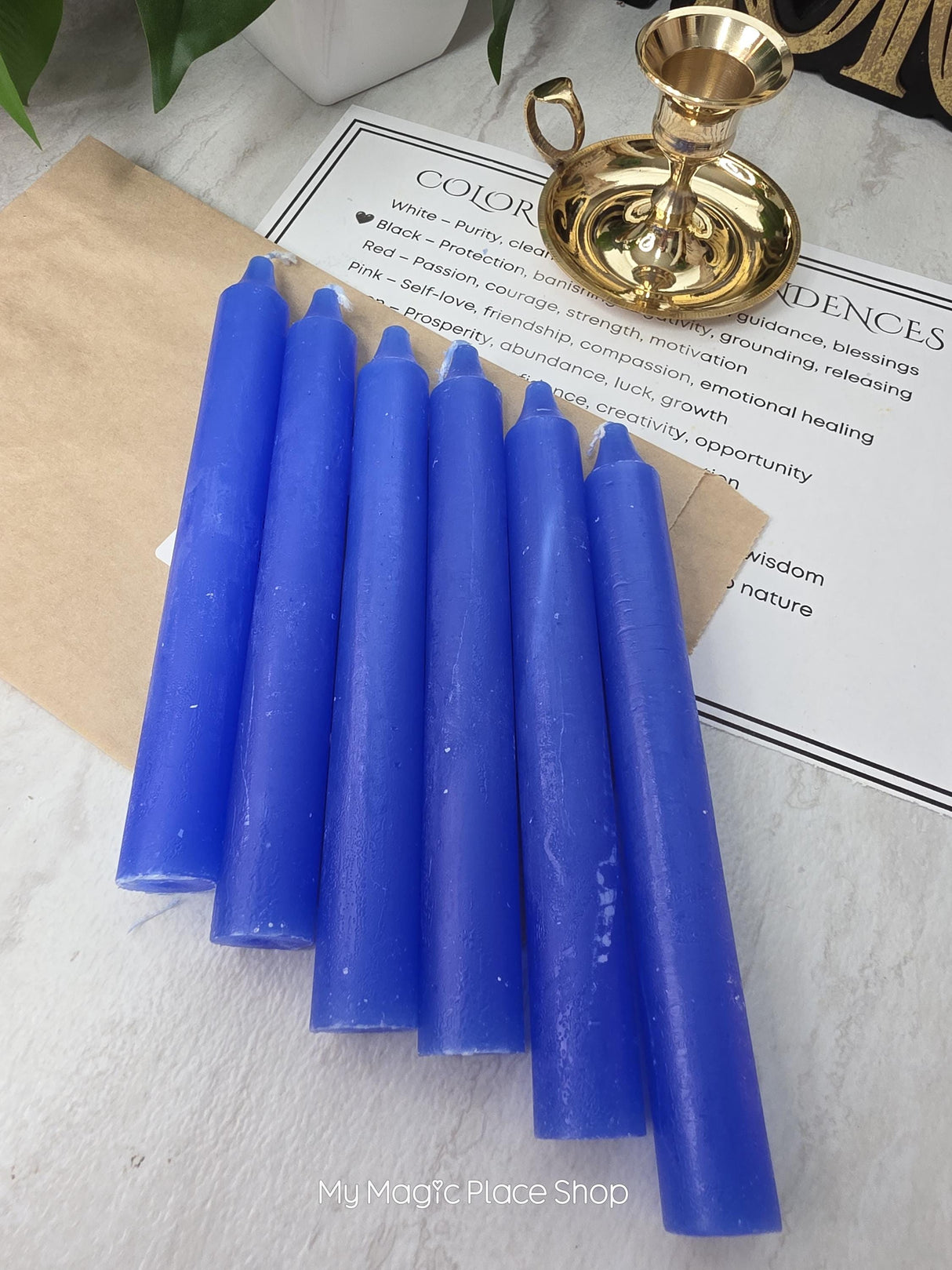 Blue Colored Taper Candles Set with Candle Holder, Color Guide, Altar Decor, Meditation Gift