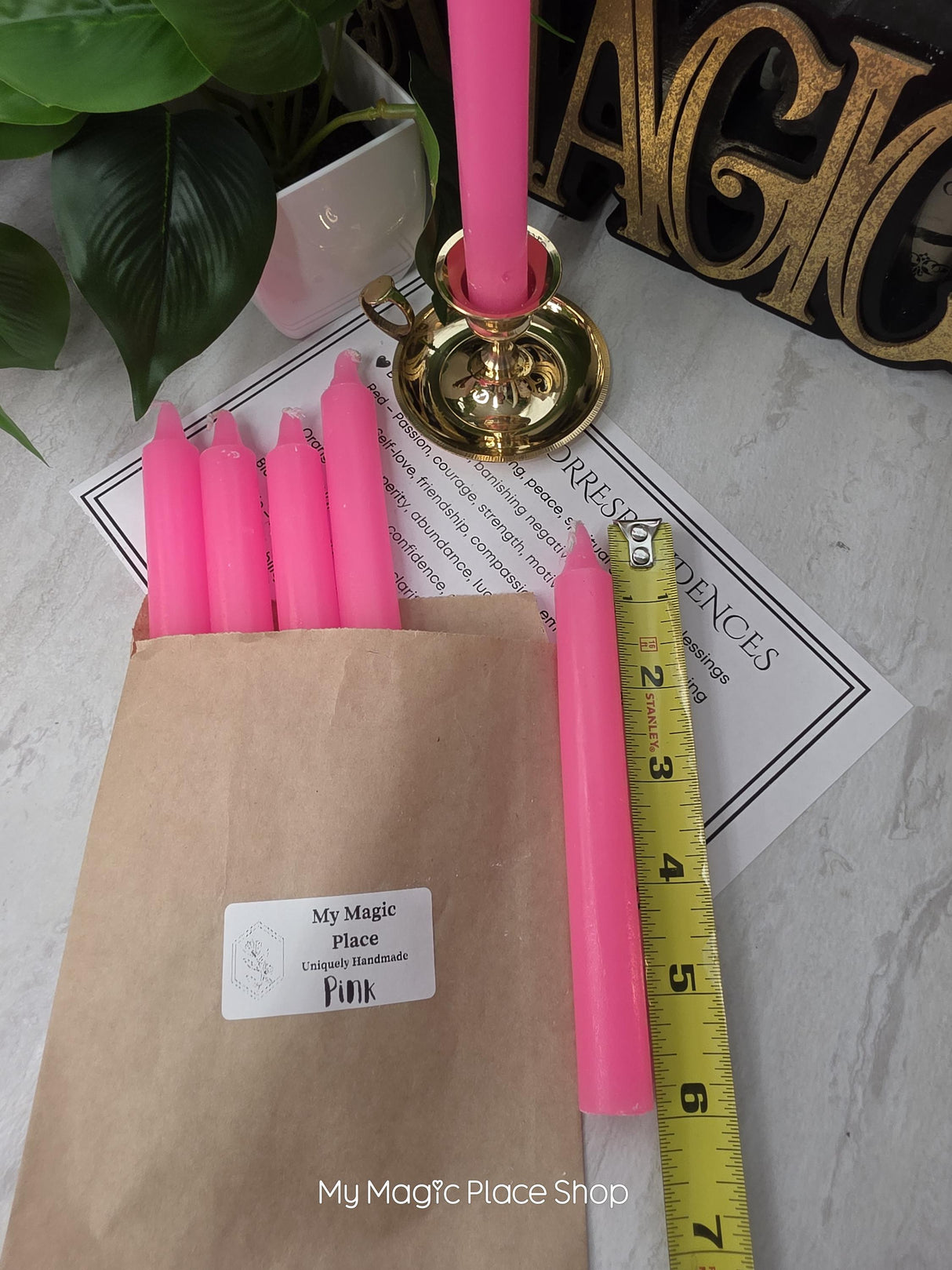 Pink Colored Taper Candles Set with Candle Holder, Color Guide, Altar Decor, Meditation Gift