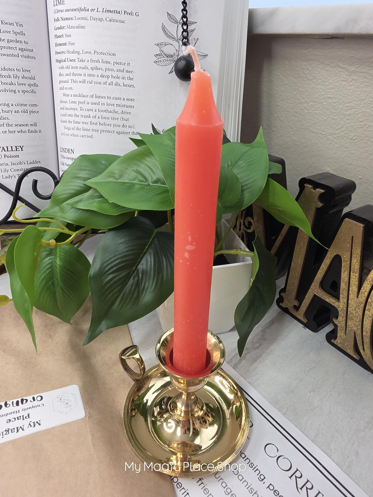 Orange Colored Taper Candles Set with Candle Holder, Color Guide, Altar Decor, Meditation Gift