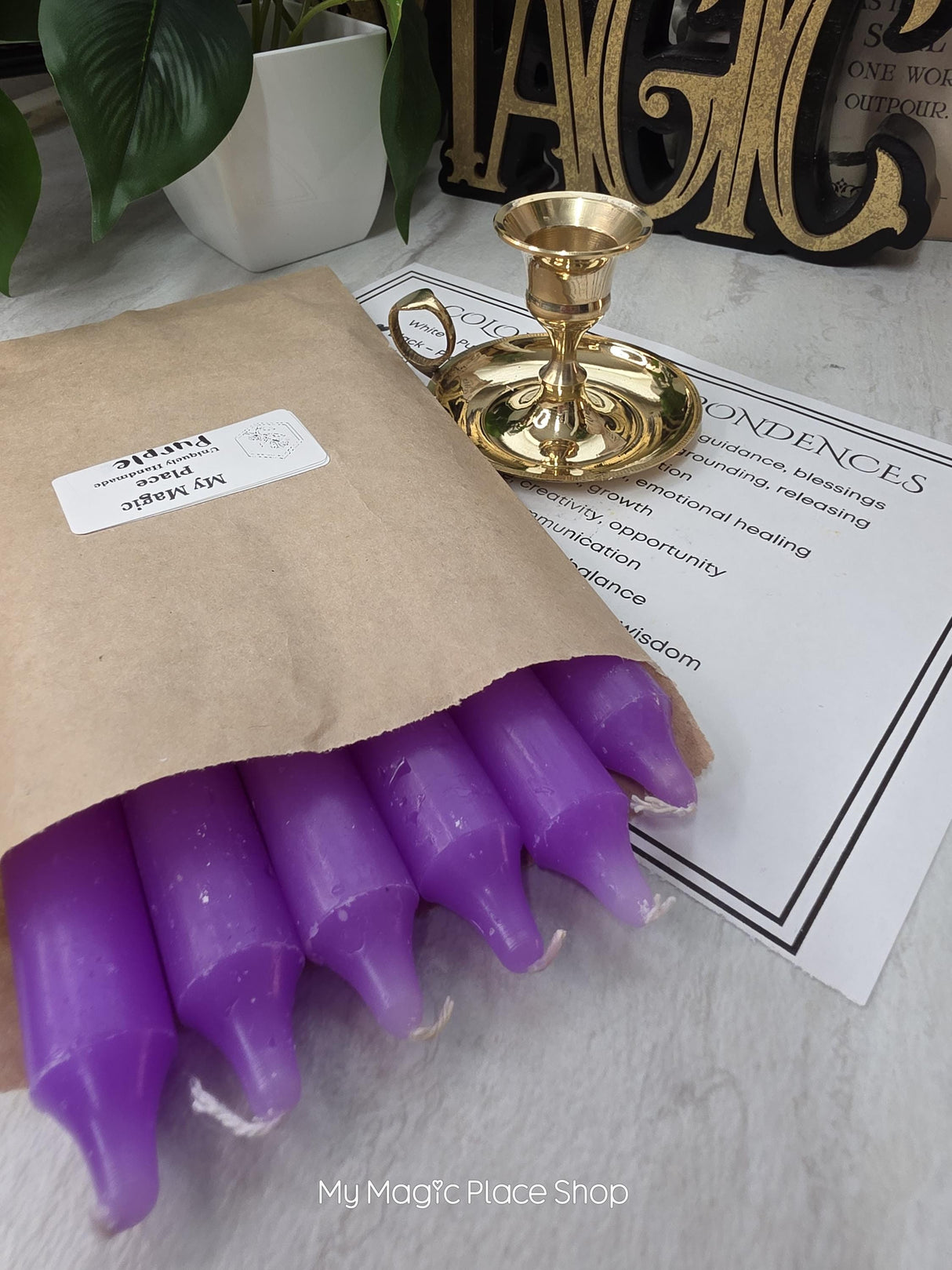 Purple Colored Taper Candles Set with Candle Holder, Color Guide, Altar Decor, Meditation Gift