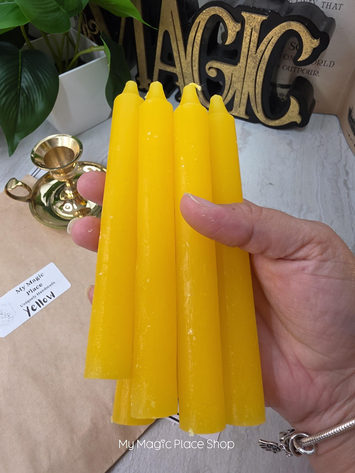 Yellow Colored Taper Candles Set with Candle Holder, Color Guide, Altar Decor, Meditation Gift