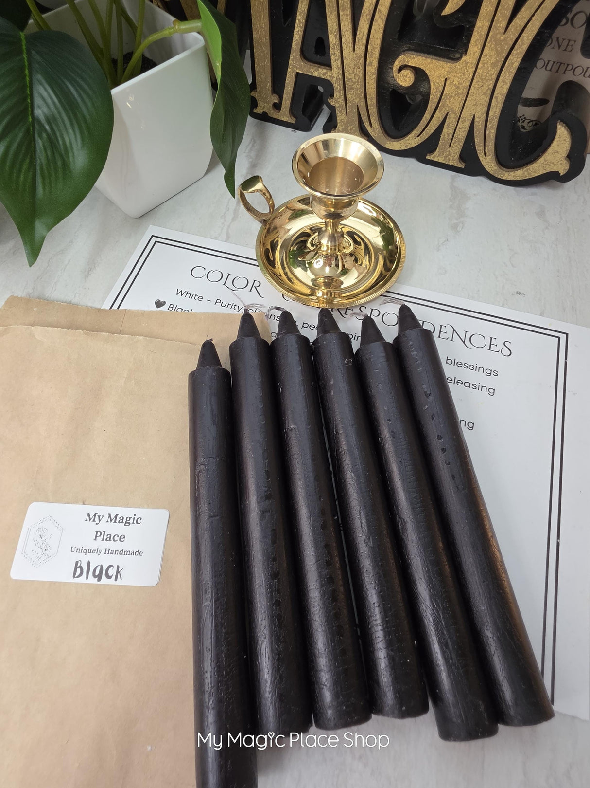 Black Colored Taper Candles Set with Candle Holder, Color Guide, Altar Decor, Meditation Gift