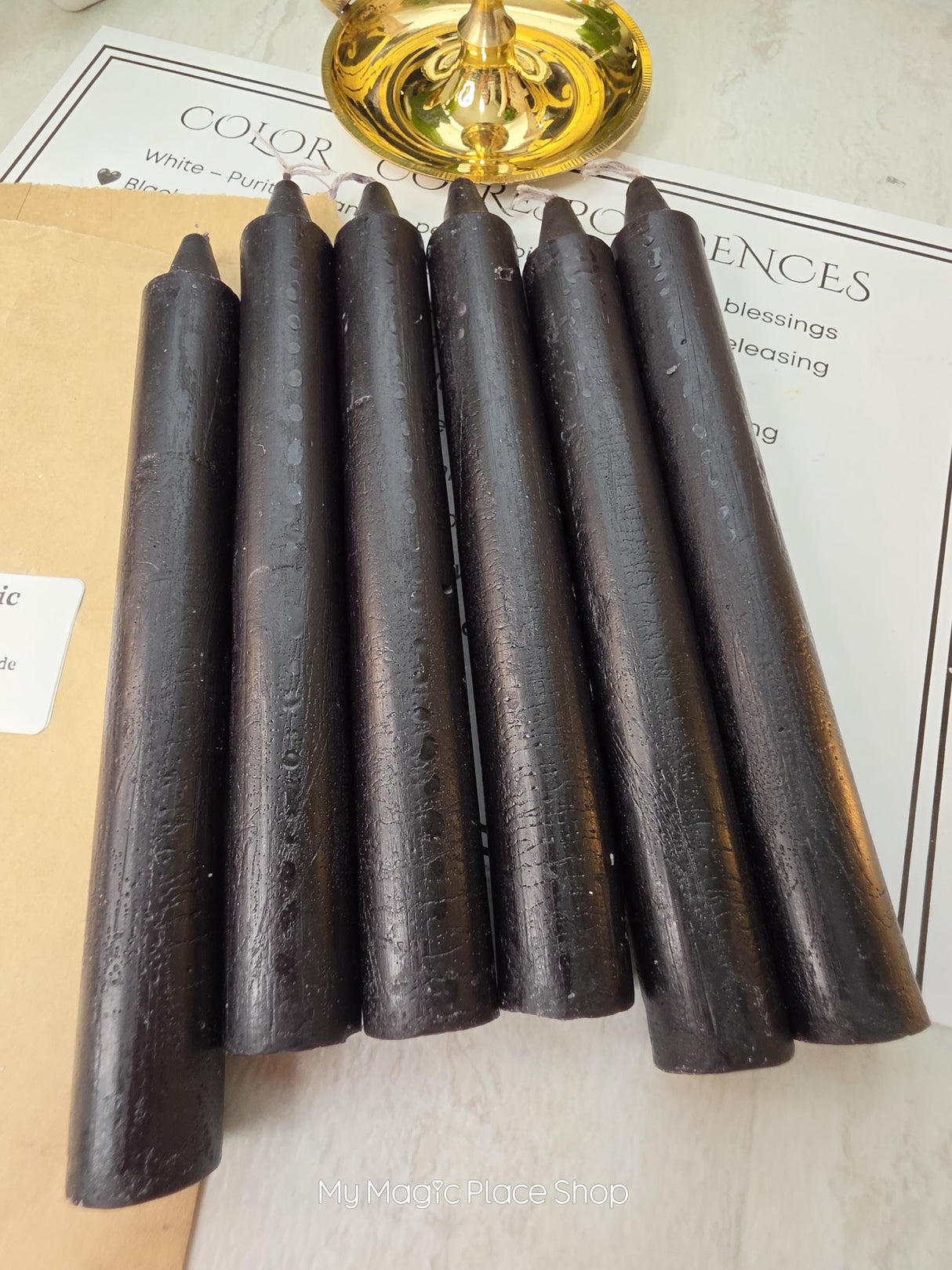 Black Colored Taper Candles Set with Candle Holder, Color Guide, Altar Decor, Meditation Gift