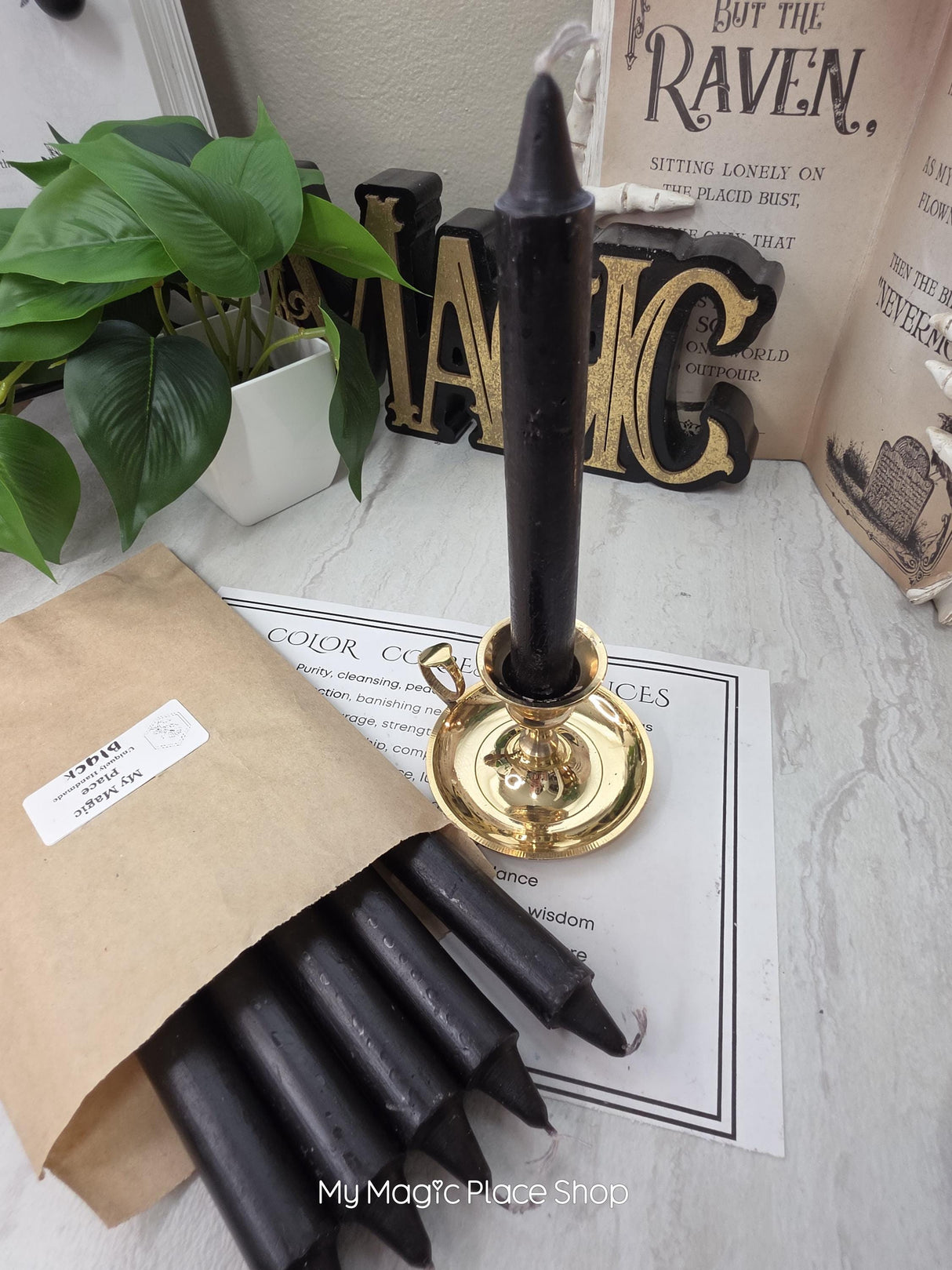 Black Colored Taper Candles Set with Candle Holder, Color Guide, Altar Decor, Meditation Gift