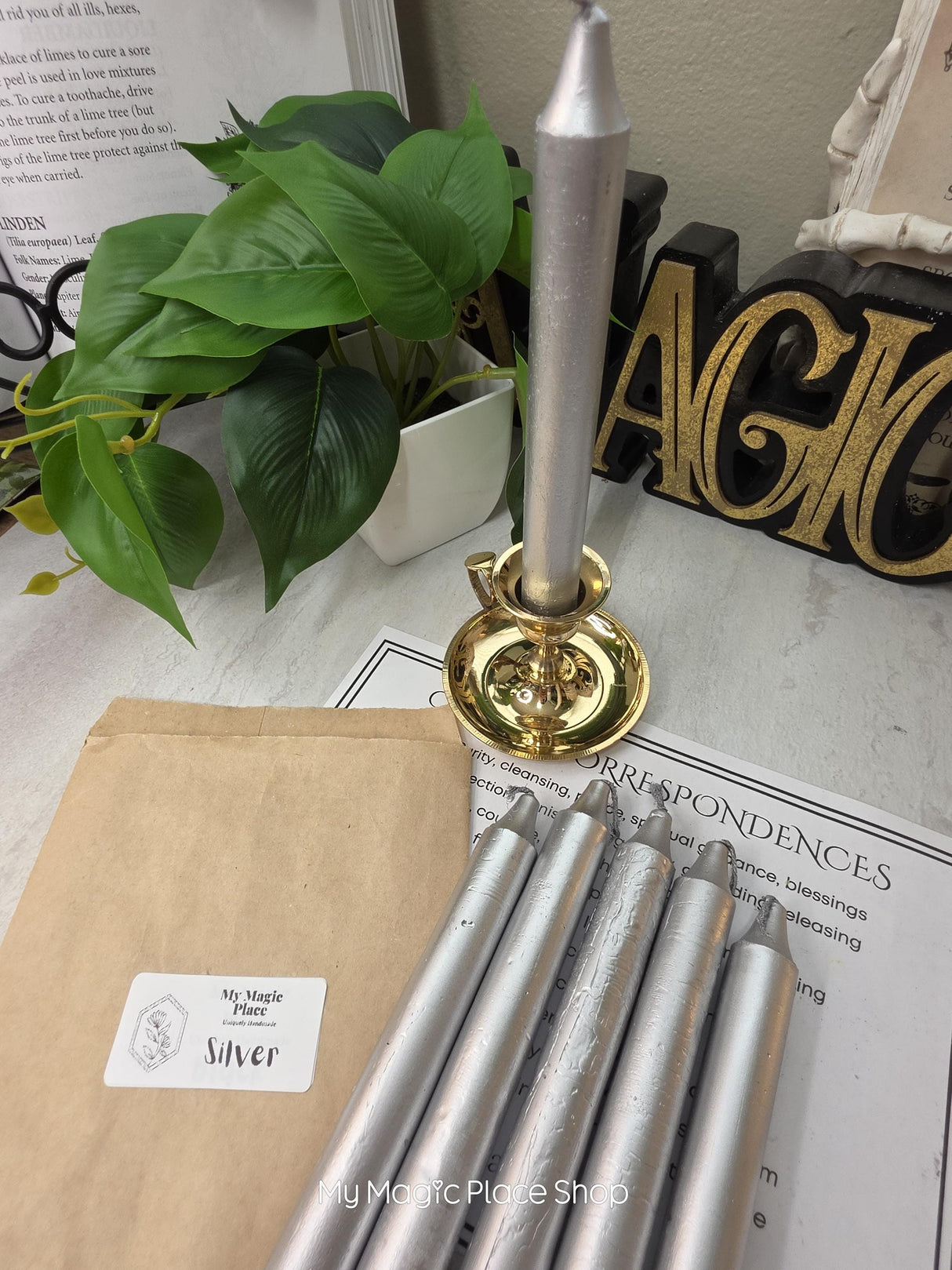 Silver Colored Taper Candles Set with Candle Holder, Color Guide, Altar Decor, Meditation Gift