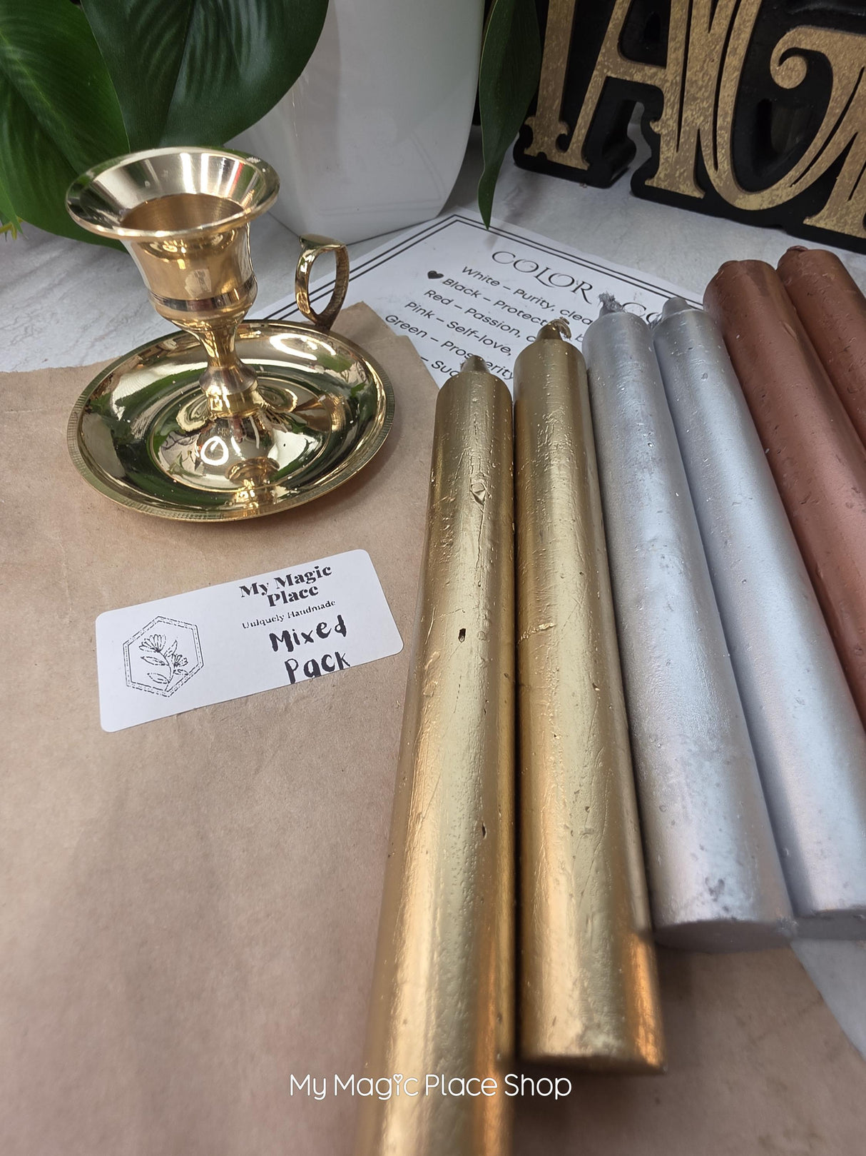 Mix Gold -Copper -Silver-Colored Taper Candles Set with Candle Holder, Color Guide,