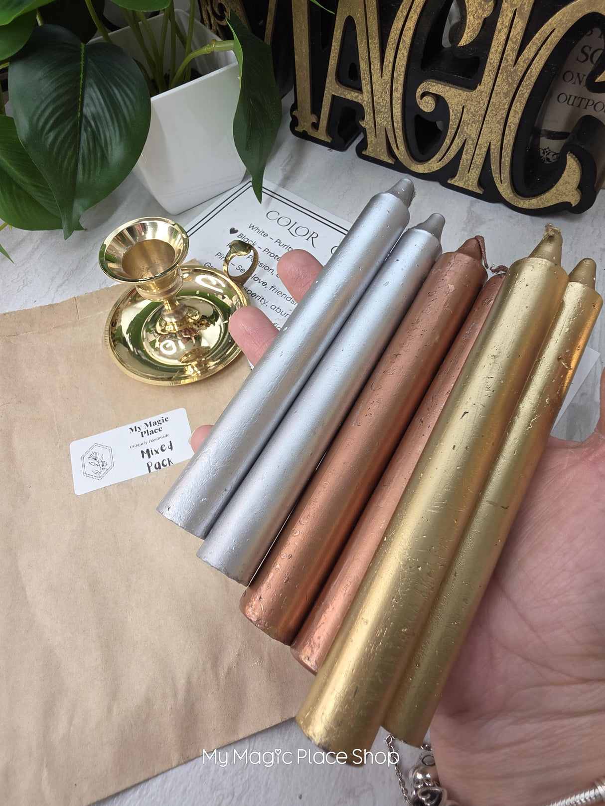 Mix Gold -Copper -Silver-Colored Taper Candles Set with Candle Holder, Color Guide,