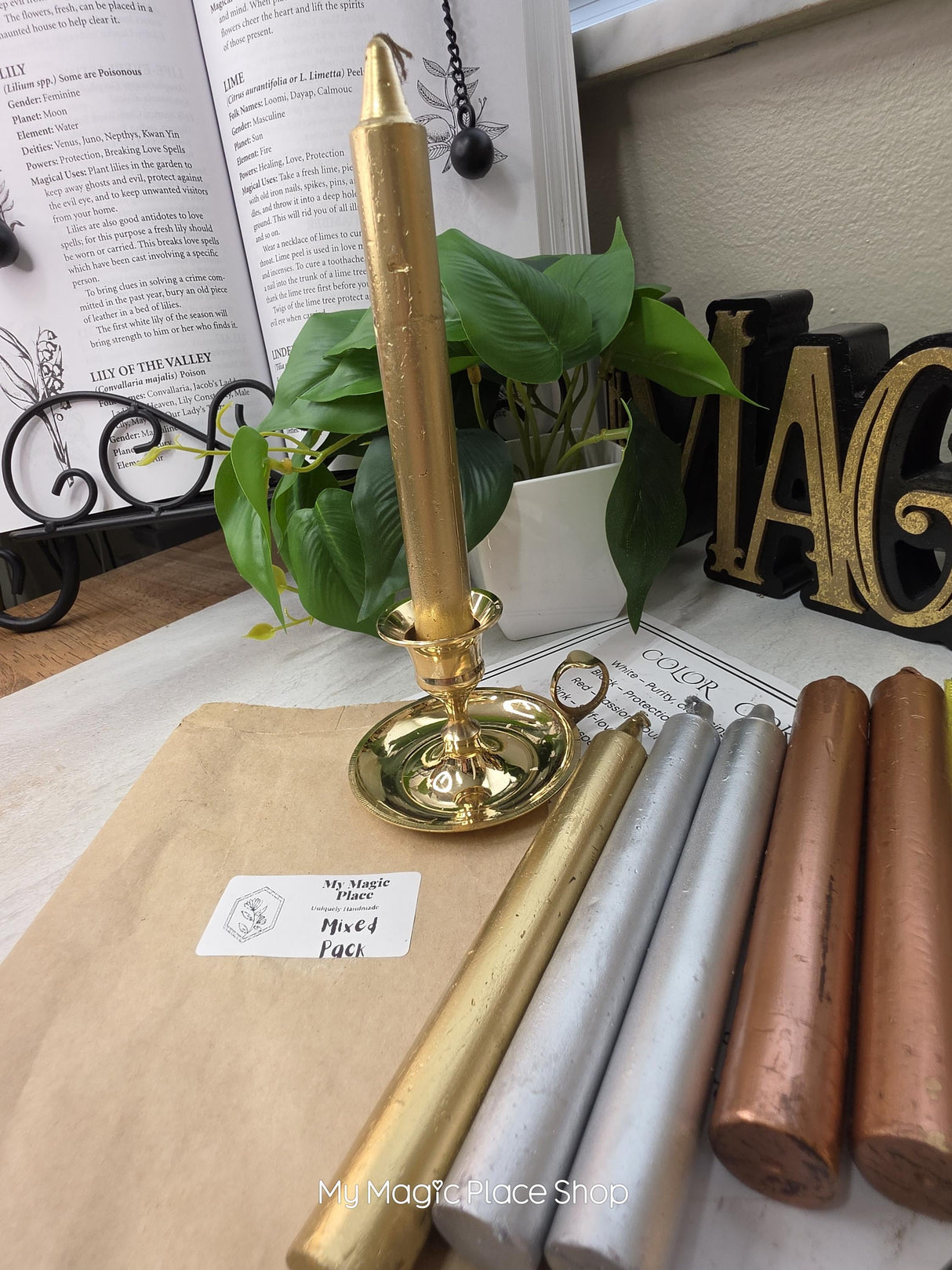 Mix Gold -Copper -Silver-Colored Taper Candles Set with Candle Holder, Color Guide,