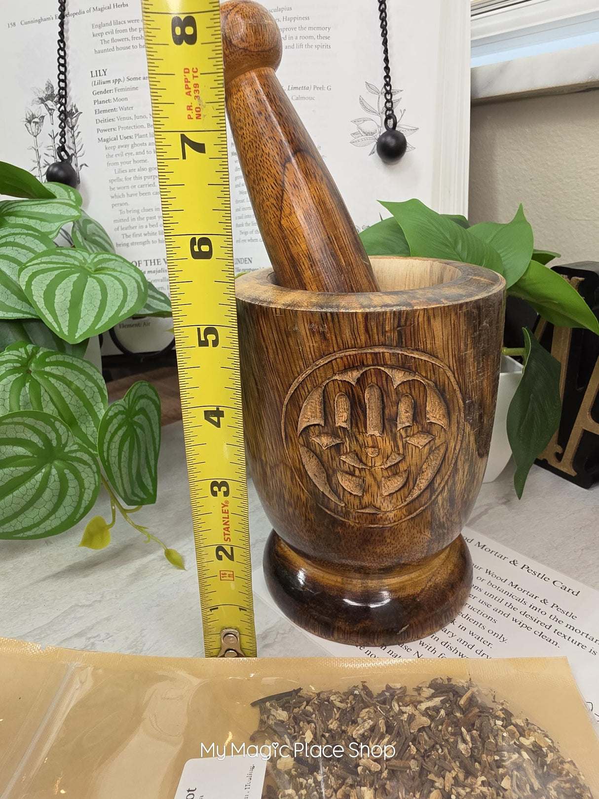 Hamsa Wood Mortar & Pestle Kit Dried Herb | Herbal Set | Witchcraft Altar | Herbs | Ritual Supplies