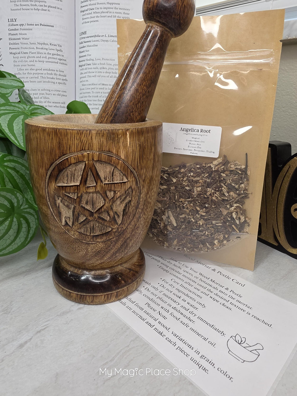 Pentacle Wood Mortar & Pestle Kit Dried Herb | Herbal Set | Witchcraft Altar | Herbs | Ritual Supplies