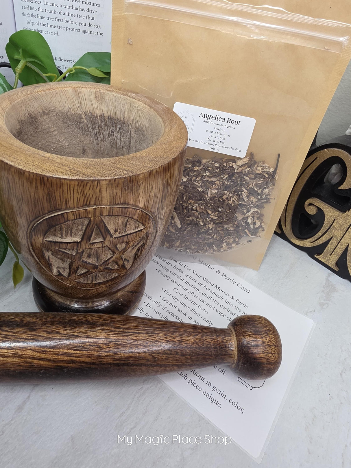 Pentacle Wood Mortar & Pestle Kit Dried Herb | Herbal Set | Witchcraft Altar | Herbs | Ritual Supplies