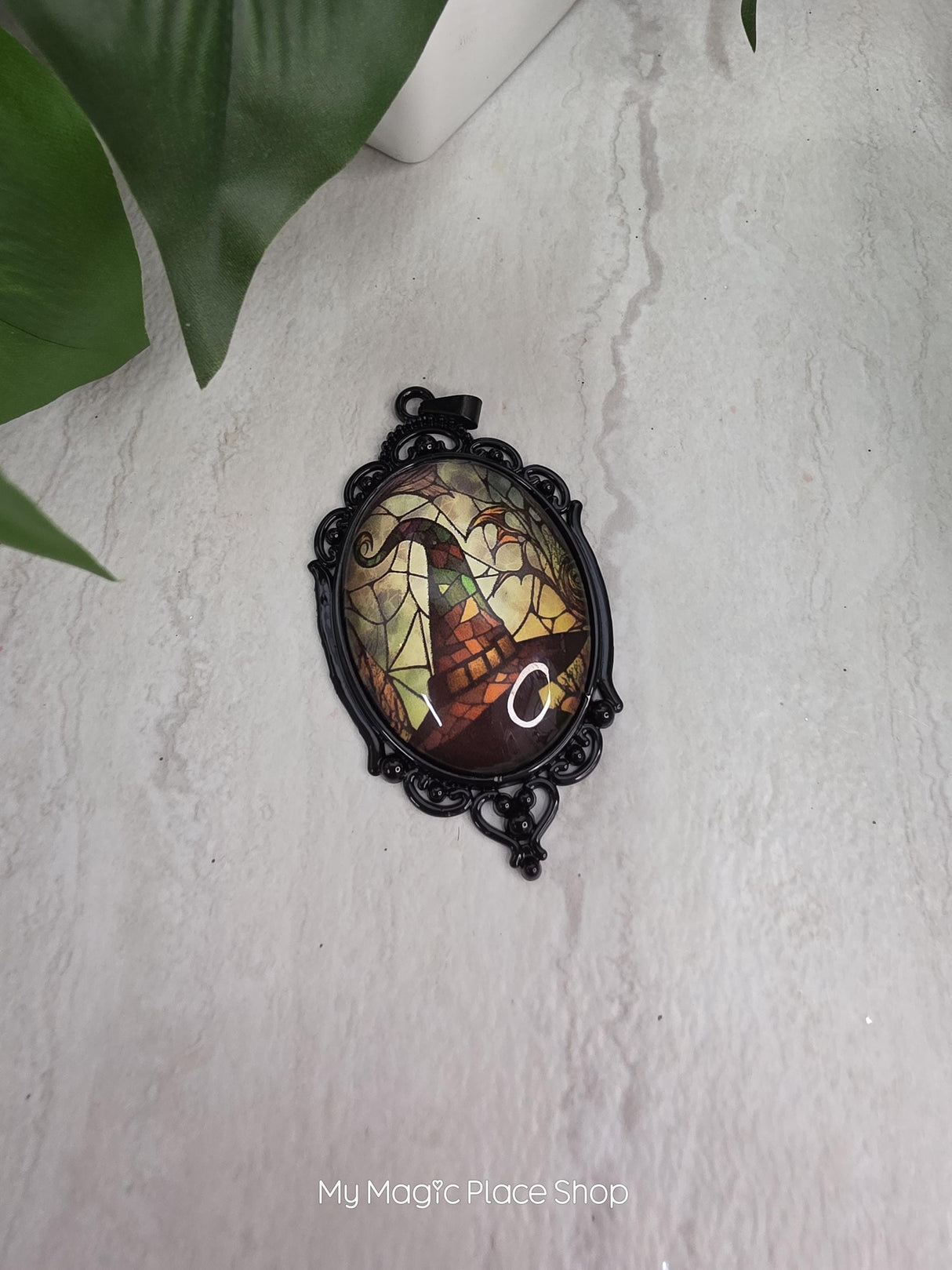 Oval Gothic Witch Hat Pendant, Glass Cabochon Pendant, DIY Jewelry Charm, Witchy Craft Supply, Necklace Making Pendant, Quantity 1