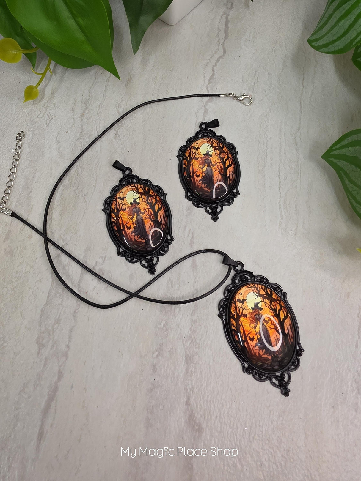 Oval Witch Glass Cabochon Pendant, Gothic DIY Jewelry Charm, Necklace Making Supply
