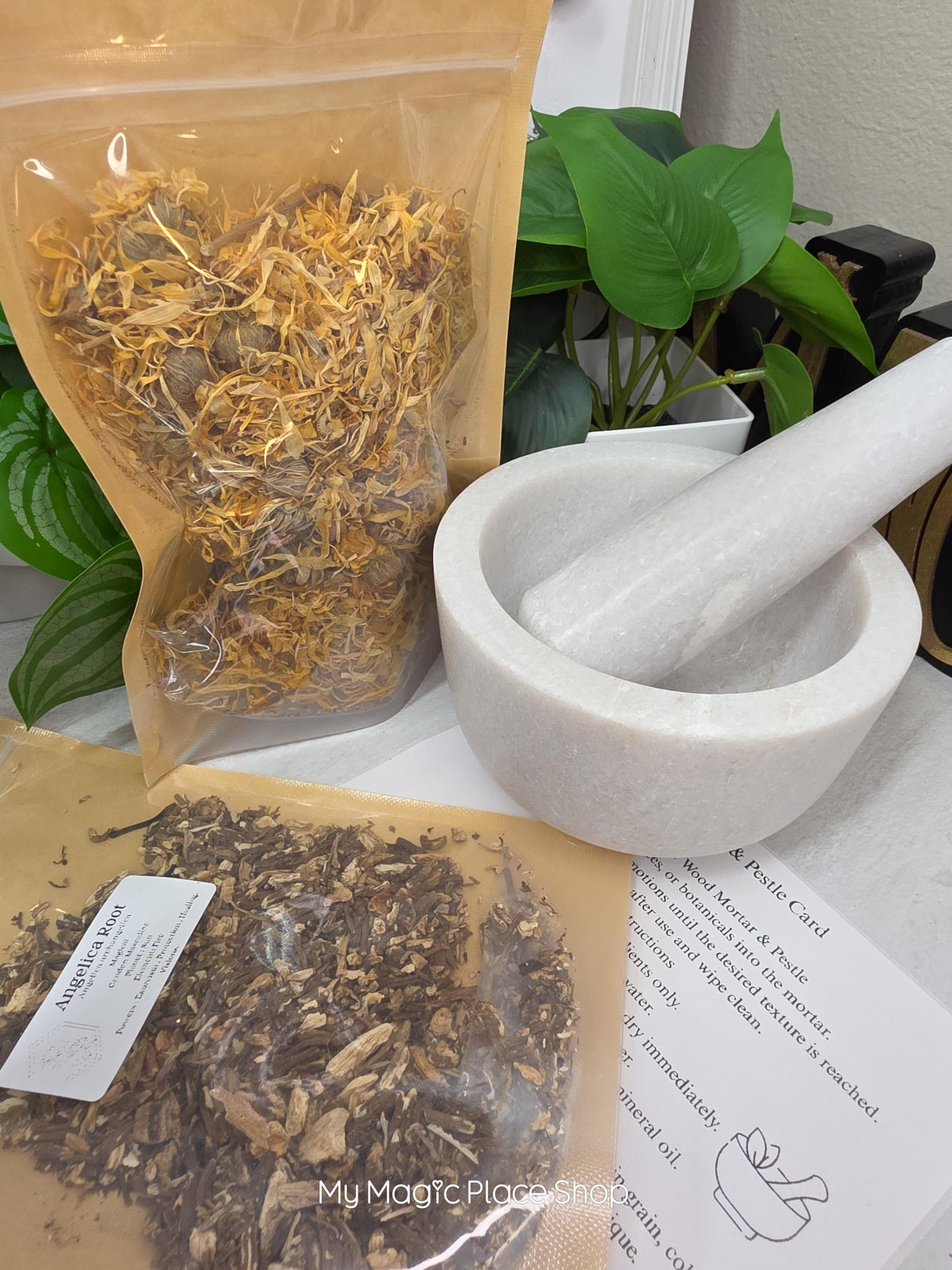 Marble Mortar and Pestle Kit with Dried Herbs, Botanical Preparation Guide
