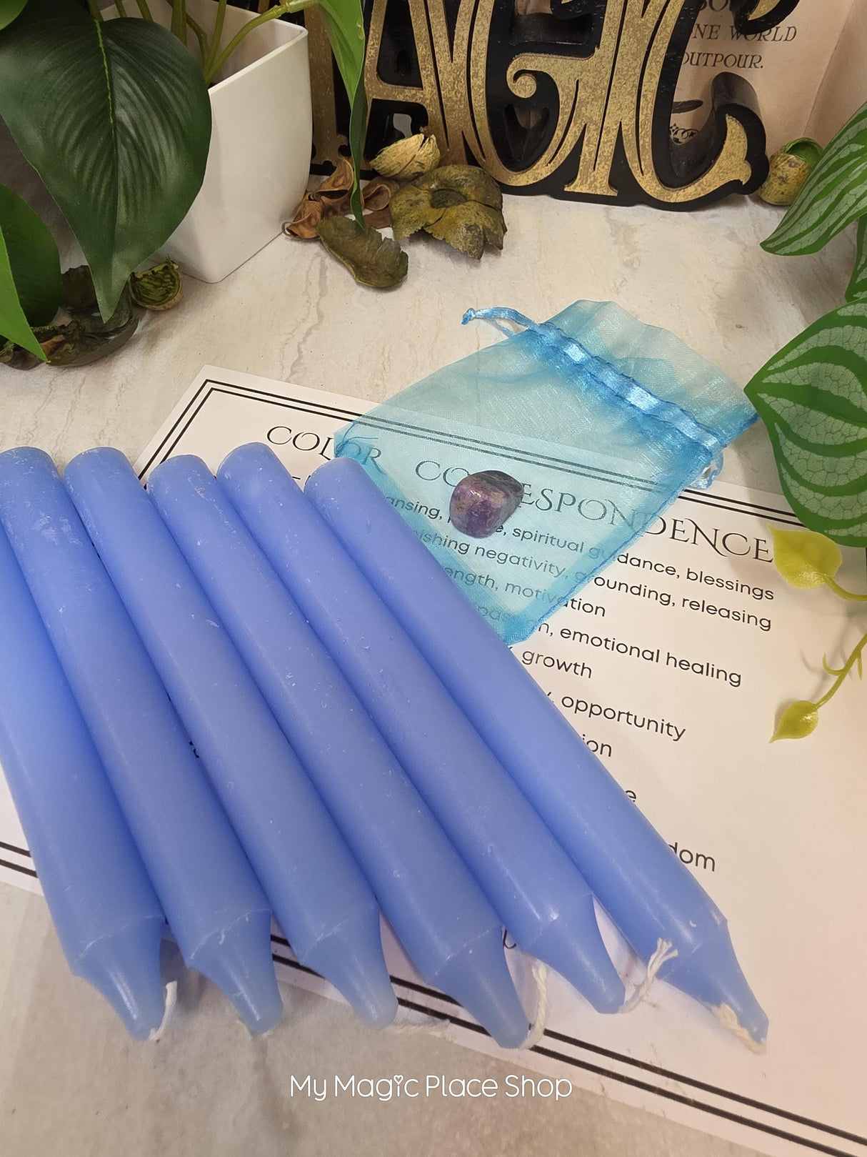 Light Blue 6 Inch Taper Candle Kit, Candles with Crystal & Color Correspondence Guide, Ritual Candle Set, Spiritual Gift