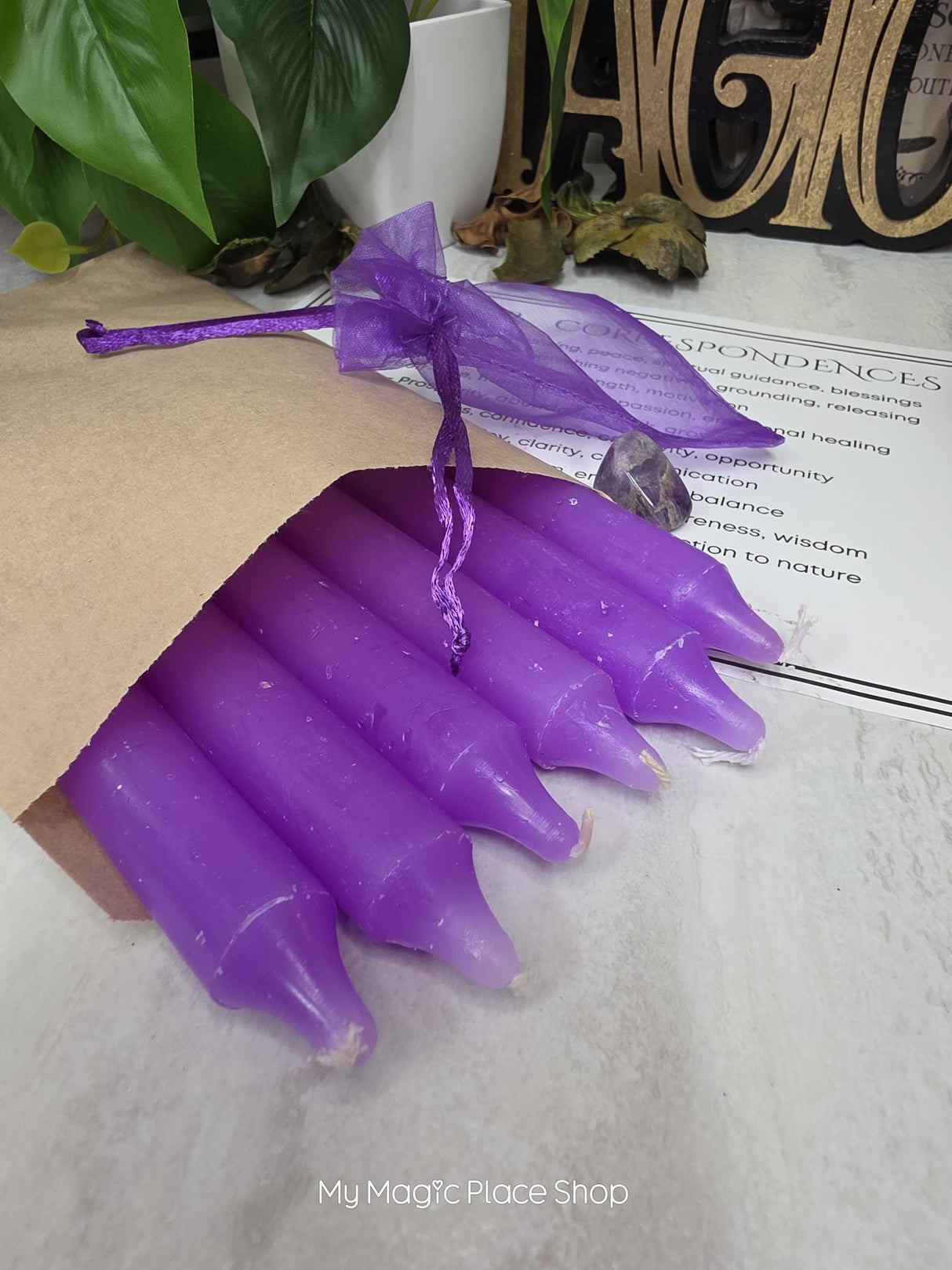 Purple 6 Inch Taper Candle Kit, Candles with Crystal & Color Correspondence Guide, Ritual Candle Set, Spiritual Gift