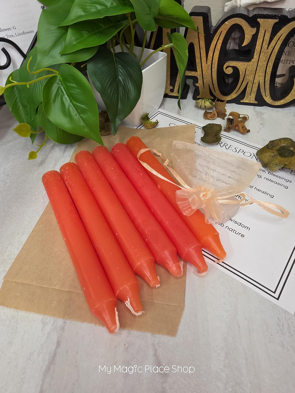 Orange 6 Inch Taper Candle Kit, Candles with Crystal & Color Correspondence Guide, Ritual Candle Set, Spiritual Gift