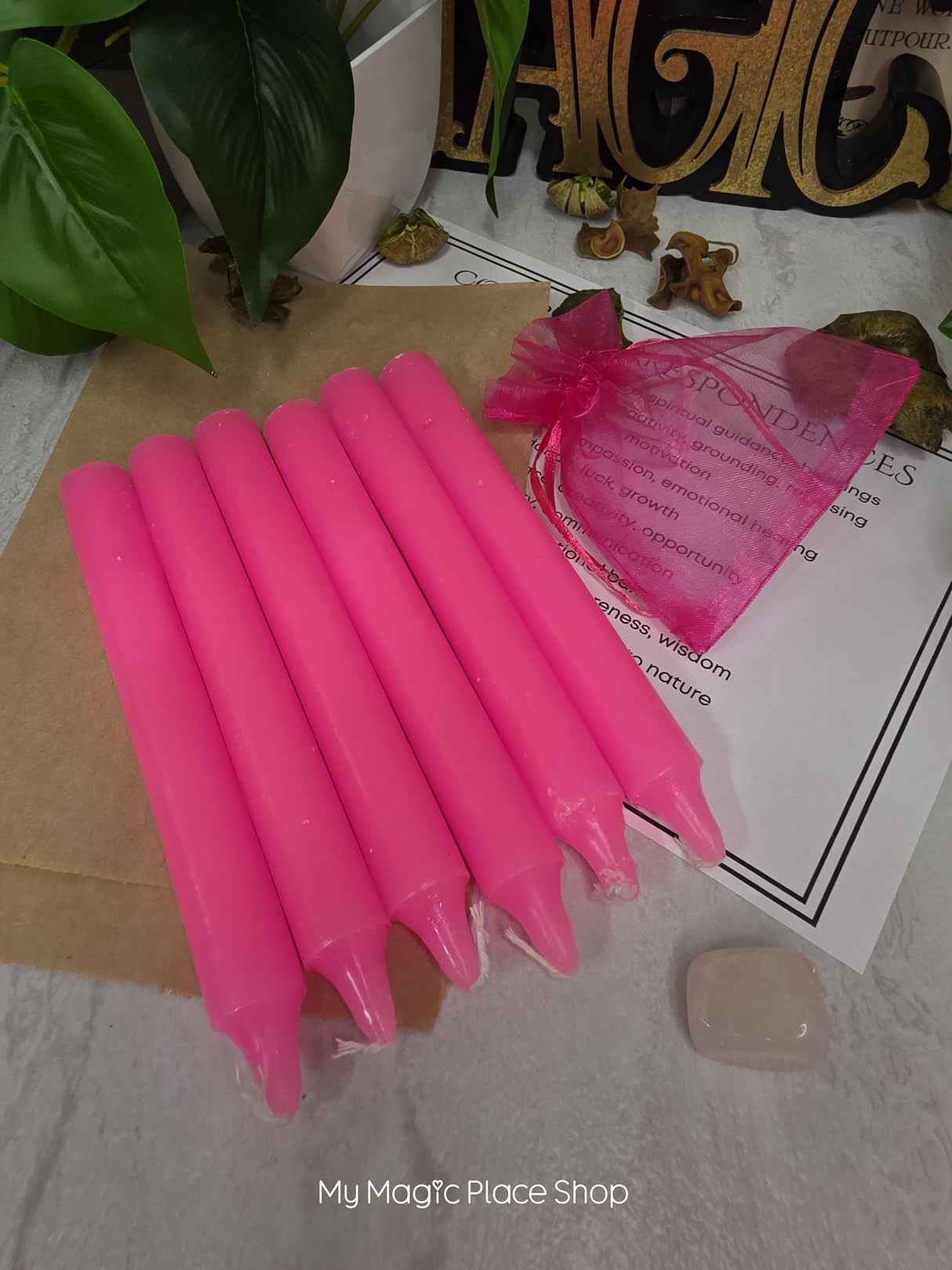 Pink 6 Inch Taper Candle Kit, Candles with Crystal & Color Correspondence Guide, Ritual Candle Set, Spiritual Gift