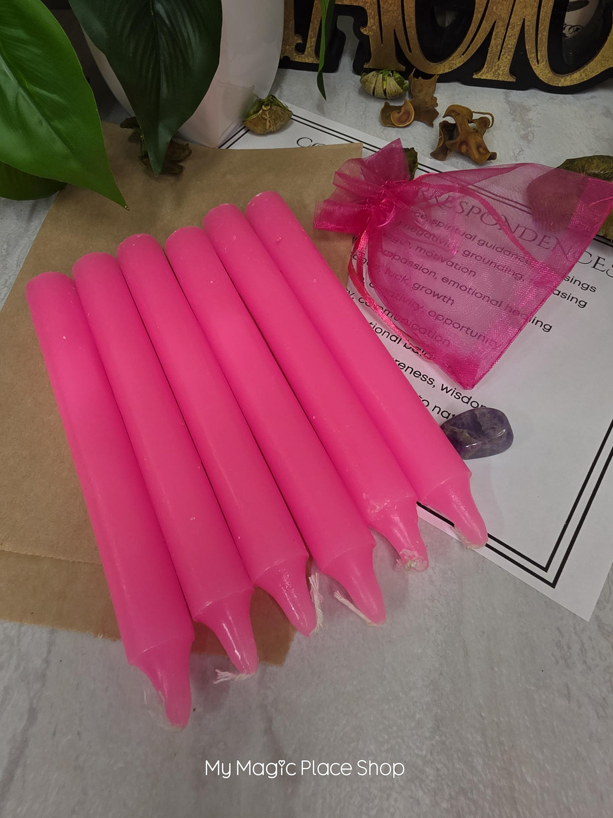 Pink 6 Inch Taper Candle Kit, Candles with Crystal & Color Correspondence Guide, Ritual Candle Set, Spiritual Gift