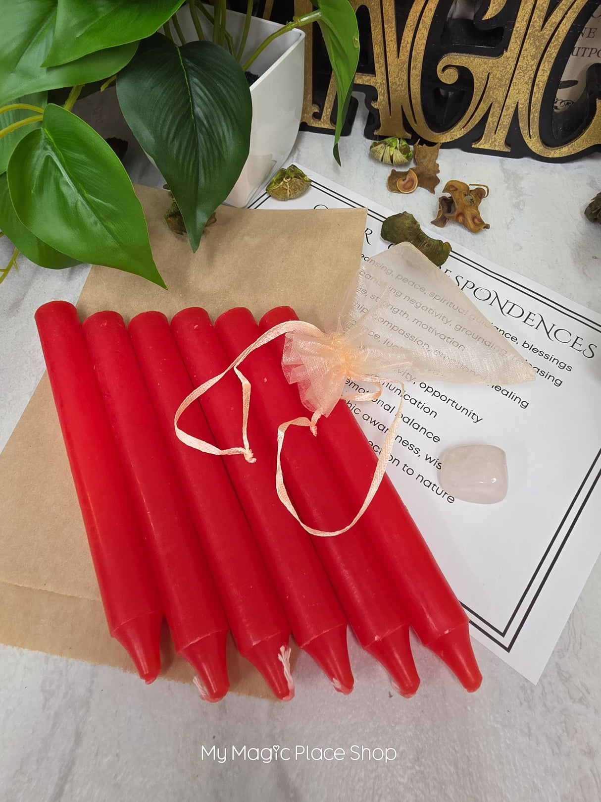 Red 6 Inch Taper Candle Kit, Candles with Crystal & Color Correspondence Guide, Ritual Candle Set, Spiritual Gift