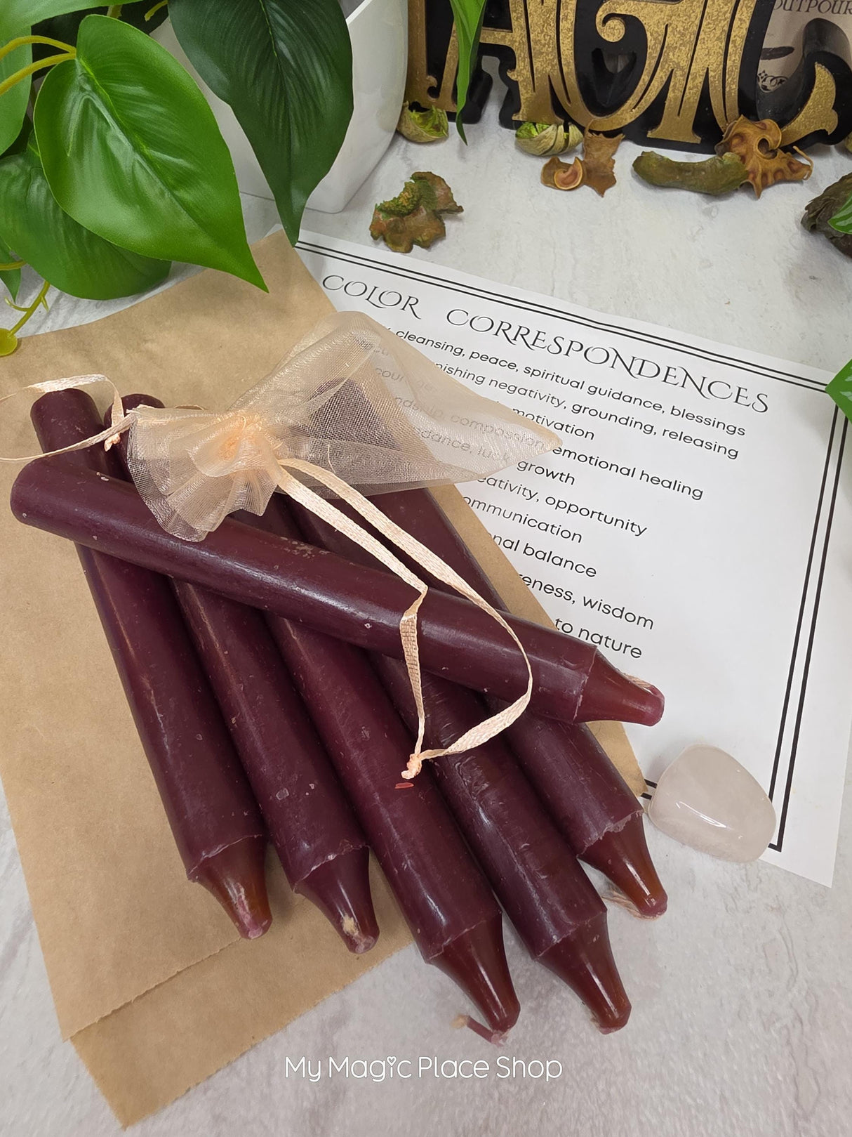Brown 6 Inch Taper Candle Kit, Candles with Crystal & Color Correspondence Guide, Ritual Candle Set, Spiritual Gift