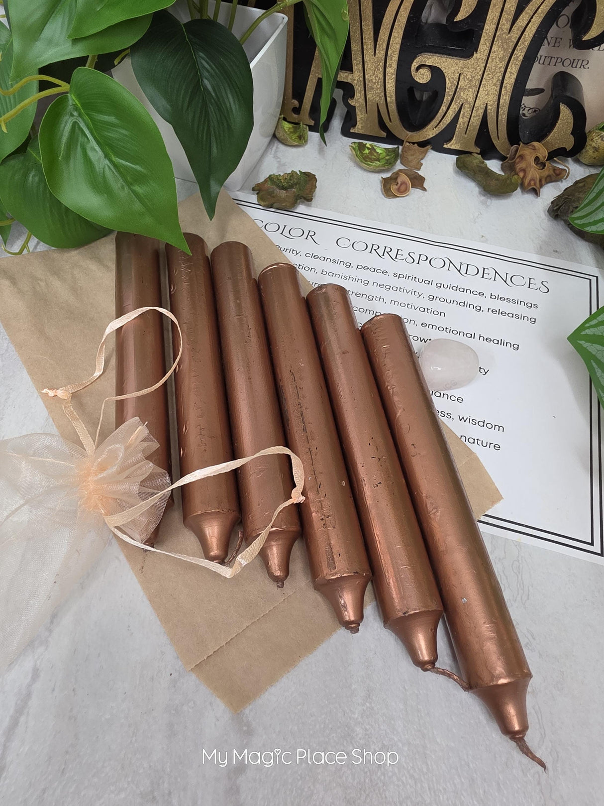 Copper 6 Inch Taper Candle Kit, Candles with Crystal & Color Correspondence Guide, Ritual Candle Set, Spiritual Gift