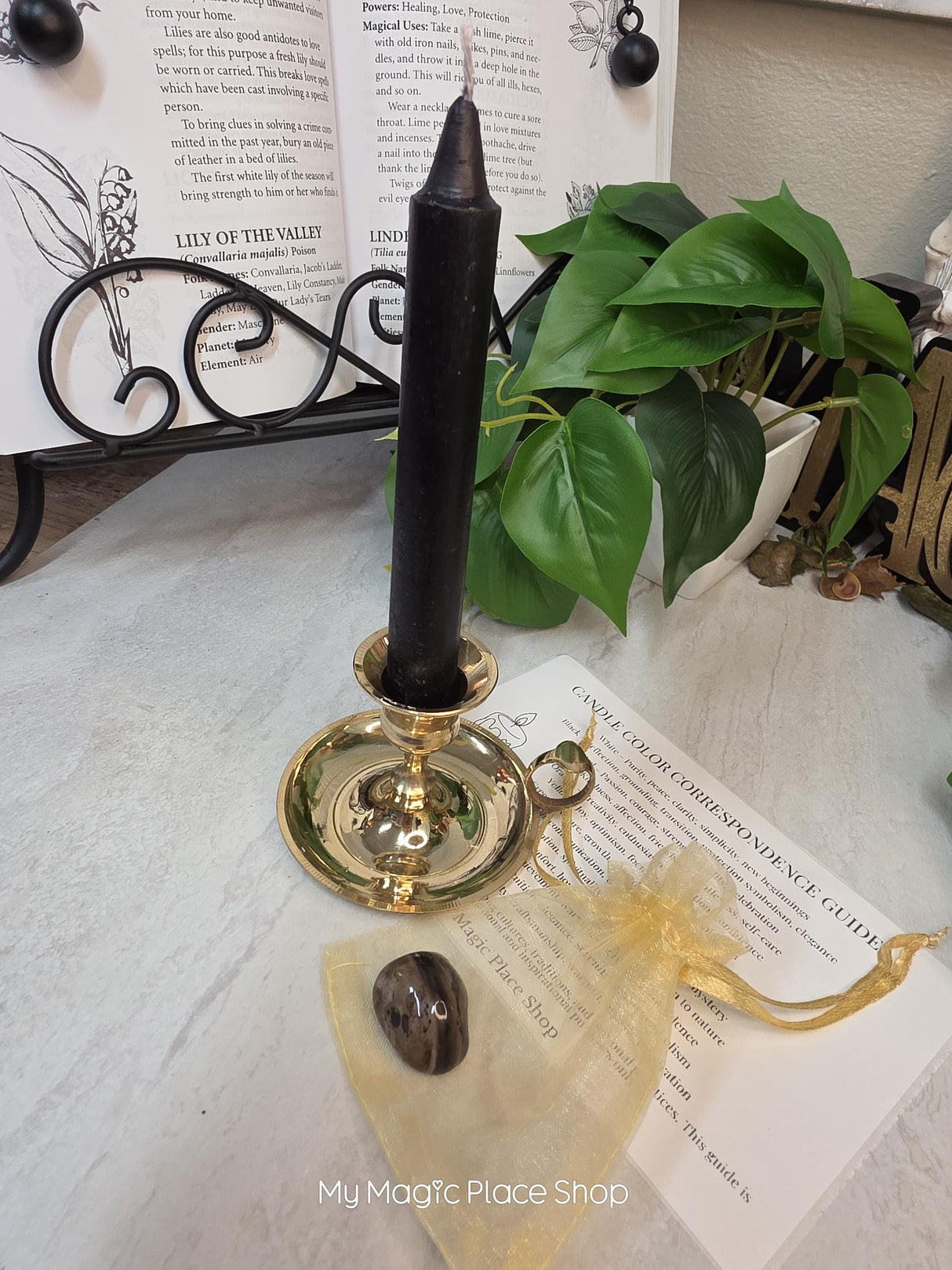 Brass Taper Candle Holder Kit with Black Candle & Crystal, Candle Holder Gift Set, Curated Spiritual Candle Kit