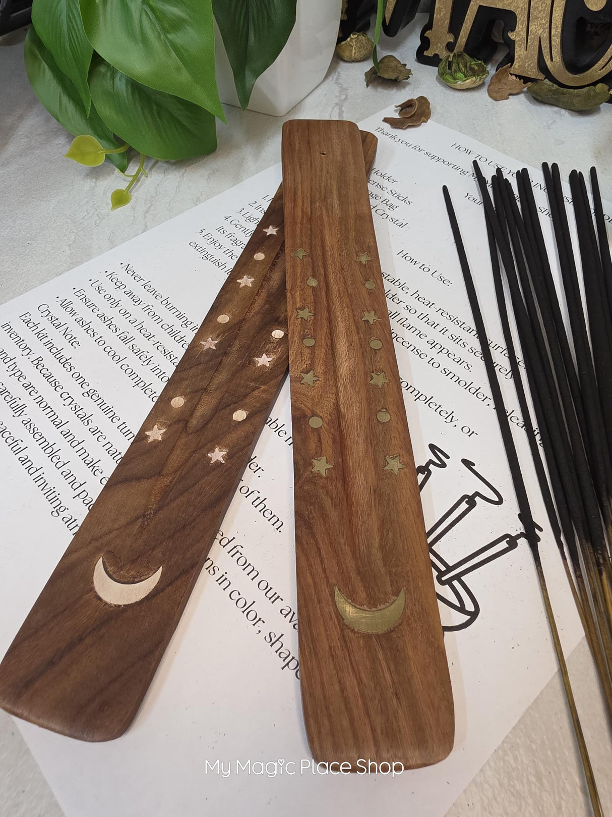 Celestial Moon Wooden Incense Holder Kit, Choose White Moon or Gold Moon Design, Includes 20 Incense Sticks & Guide, Long Ash Catcher Burner