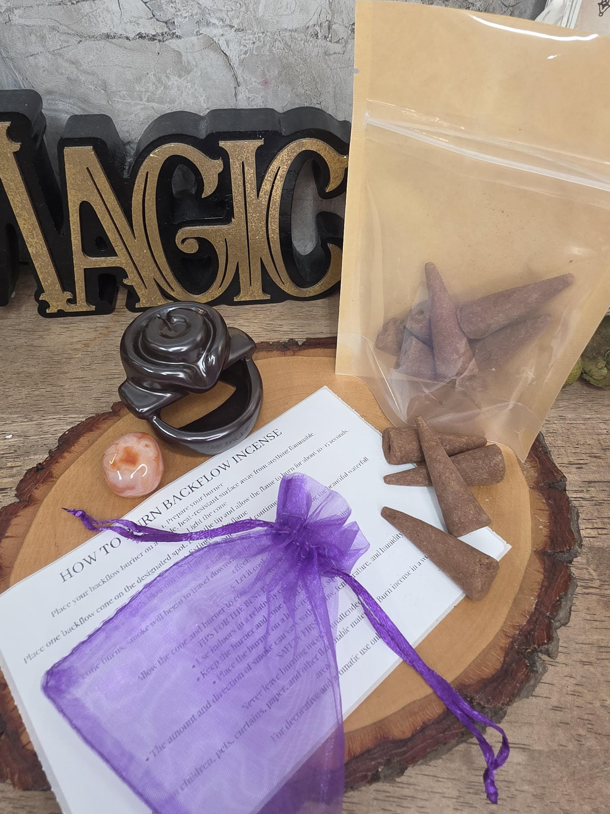 Backflow Incense Gift Set with Ceramic Burner, 10 Jumbo Cones, Tumbled Crystal & Organza Pouch