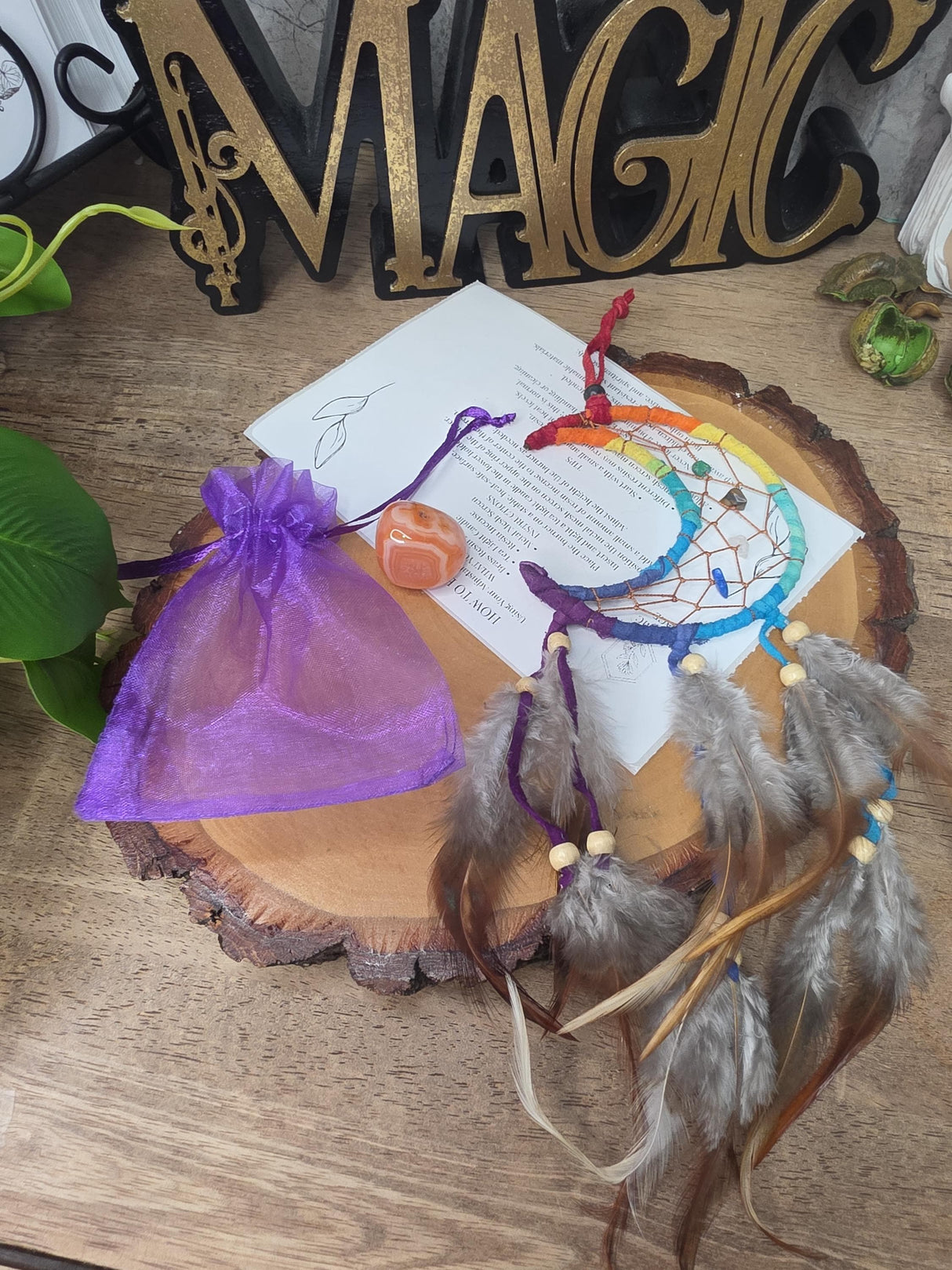 Moon Dream Catcher with Crystals | 7 Chakra Inspired Handmade Wall Decor | Tumbled Stone | Spiritual Gift