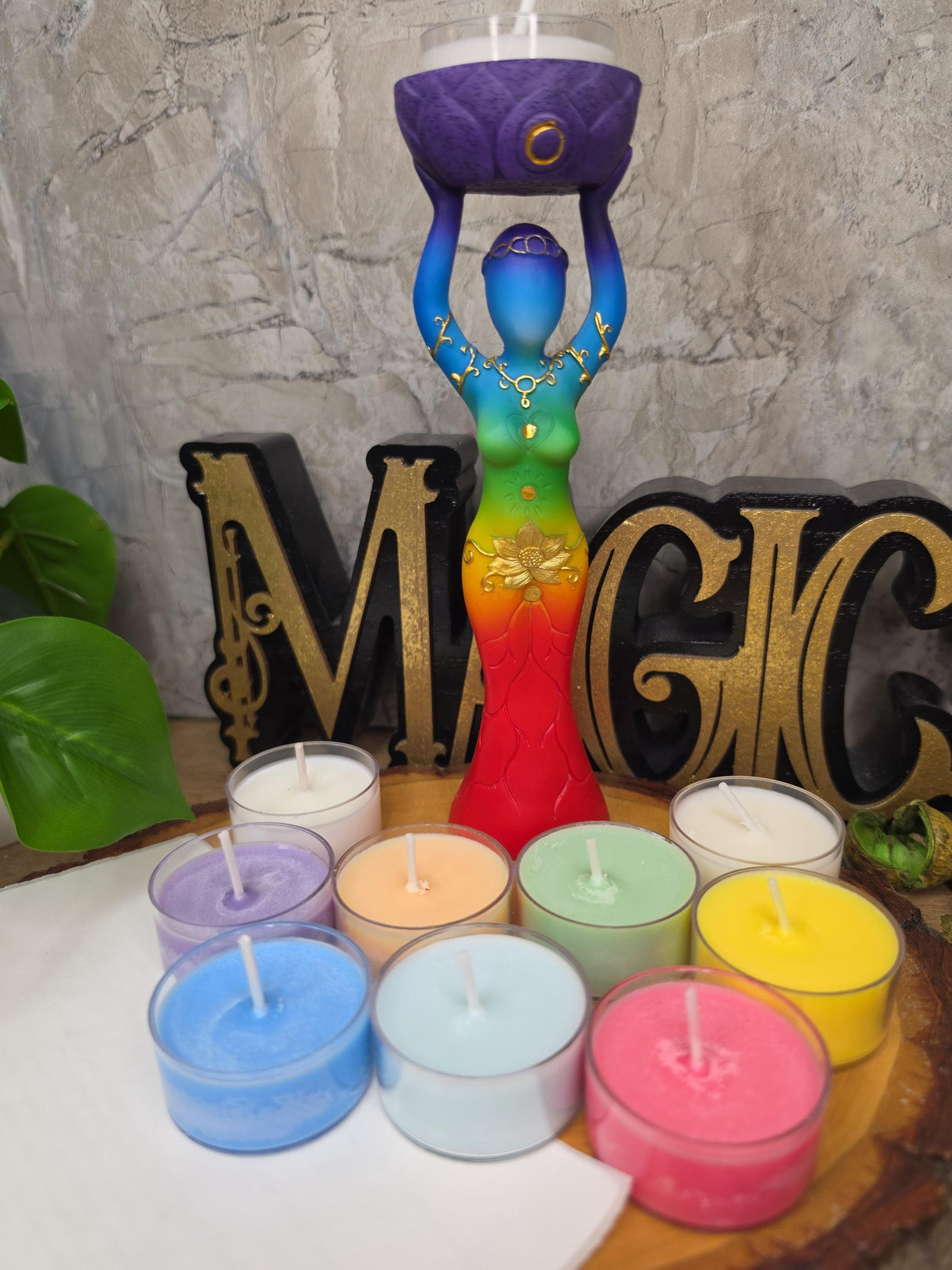 Seven Chakra Goddess Candle Gift Set, 7 Chakra Soy Tea Lights, Goddess Candle Holder, Spiritual Gift, Meditation & Ritual Decor