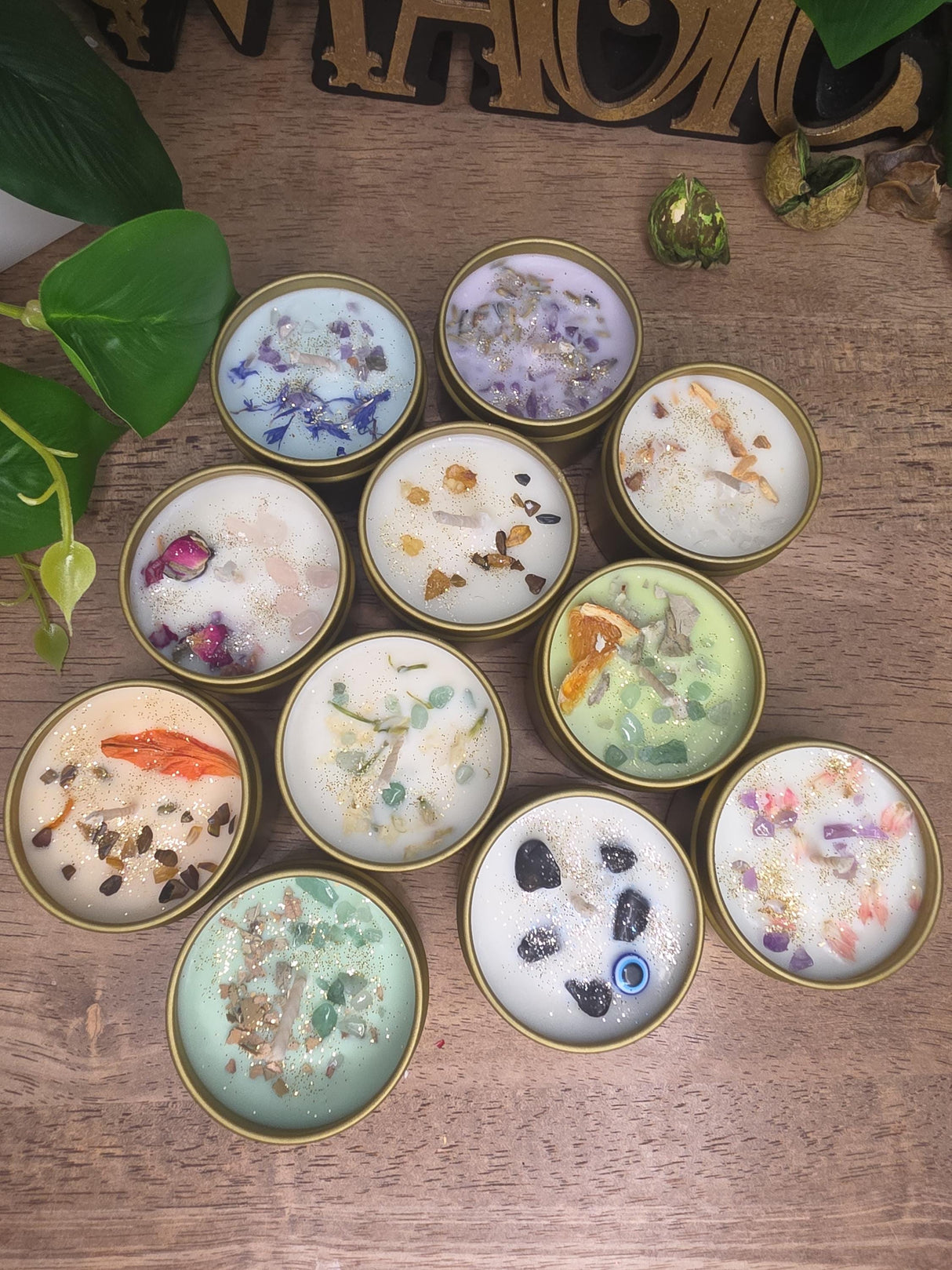 Crystal Candle in Gold Tin, Handmade Soy Wax Candle, Flower Decor, Christmas Gift, Stocking Stuffer, 2oz Mini