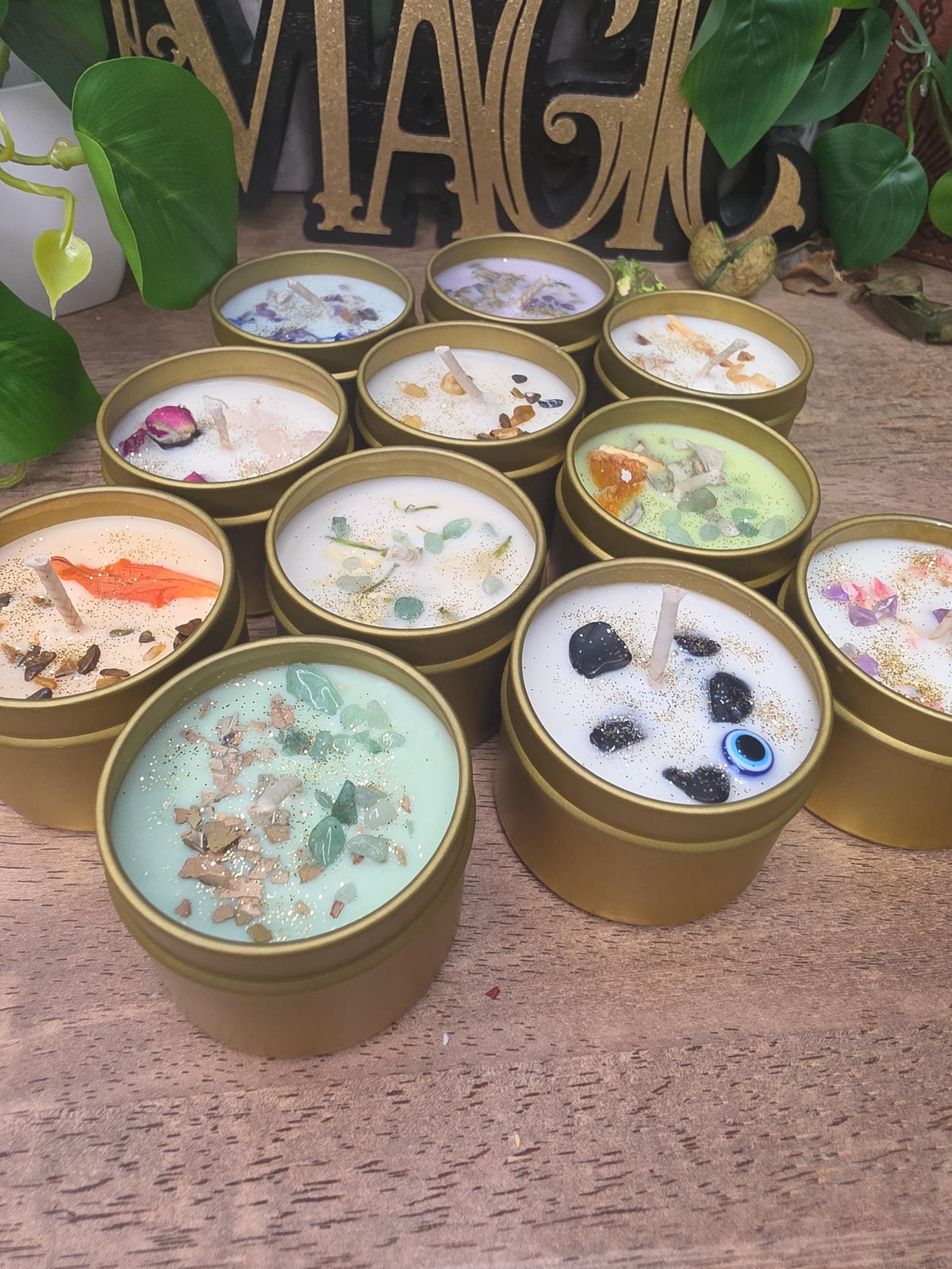 Crystal Candle in Gold Tin, Handmade Soy Wax Candle, Flower Decor, Christmas Gift, Stocking Stuffer, 2oz Mini