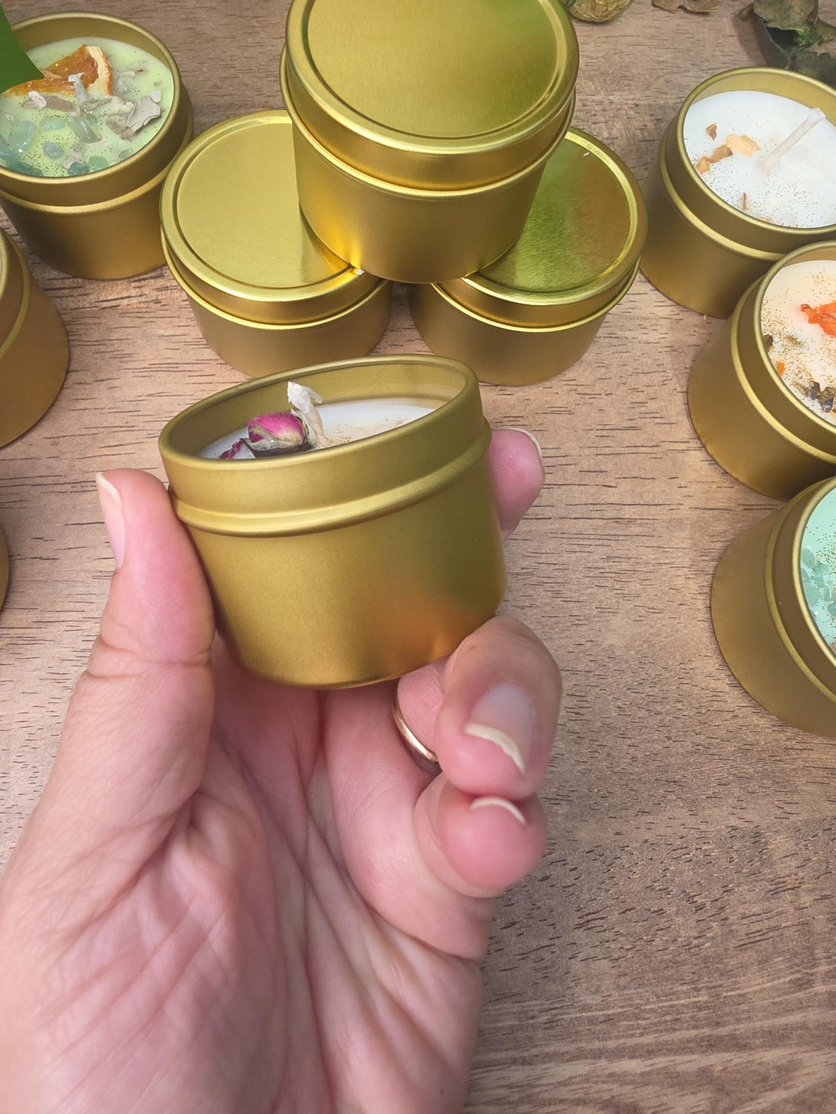 Crystal Candle in Gold Tin, Handmade Soy Wax Candle, Flower Decor, Christmas Gift, Stocking Stuffer, 2oz Mini