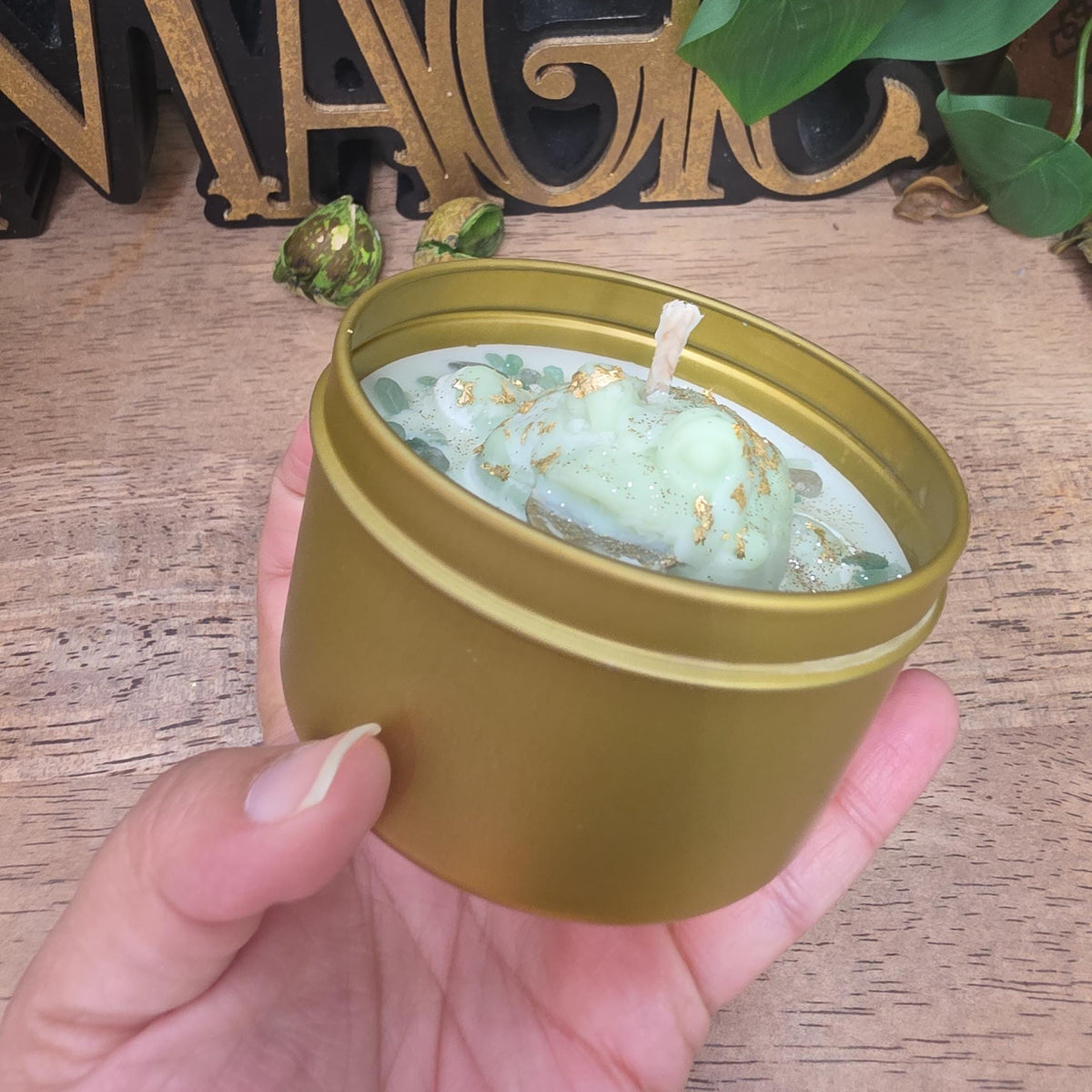 Handmade Frog Soy Candle, Green Aventurine, Patchouli Scent, Gold Tin (8 oz)